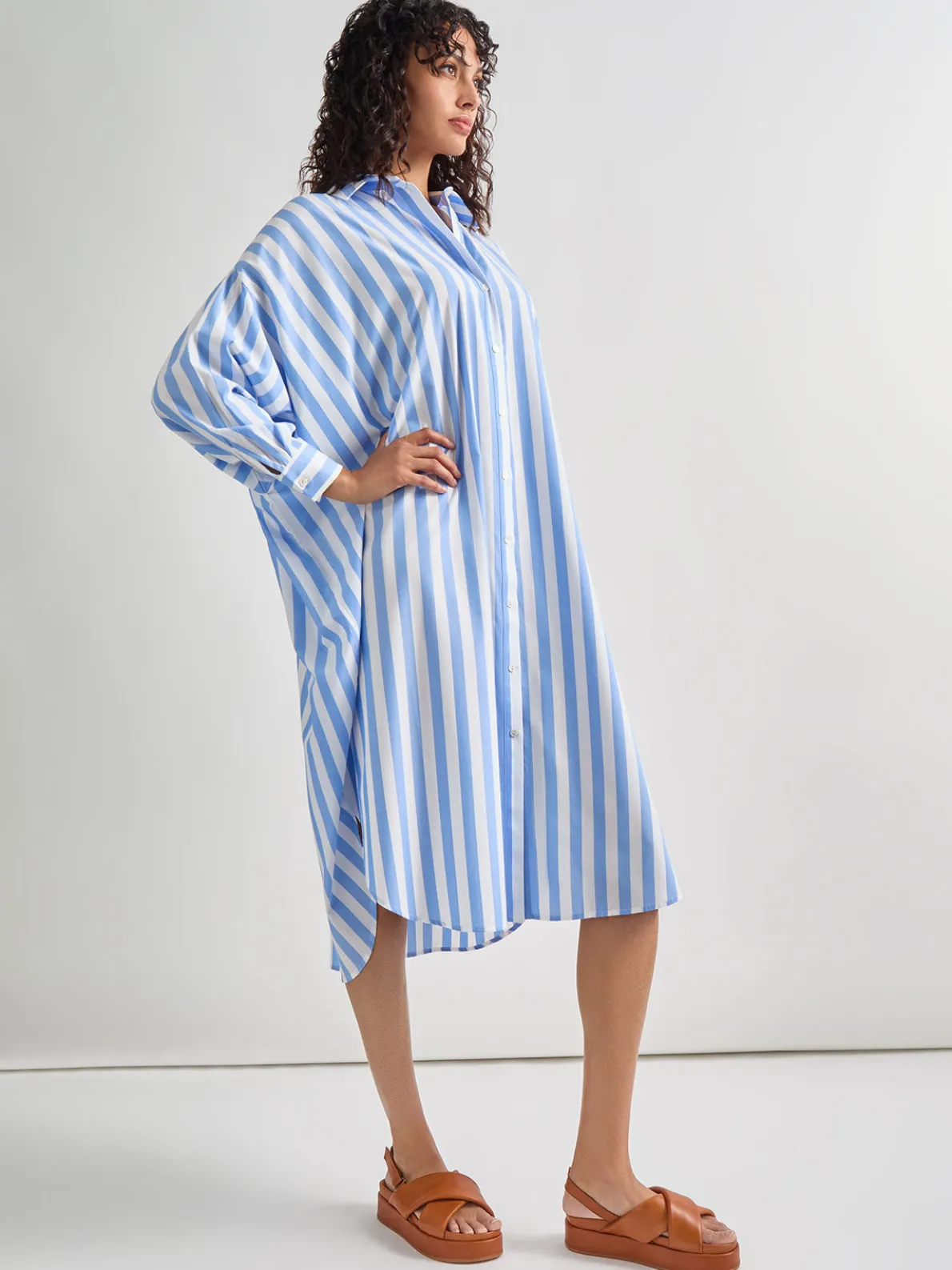 Midi Oversized Shirtdress - Striped Woven