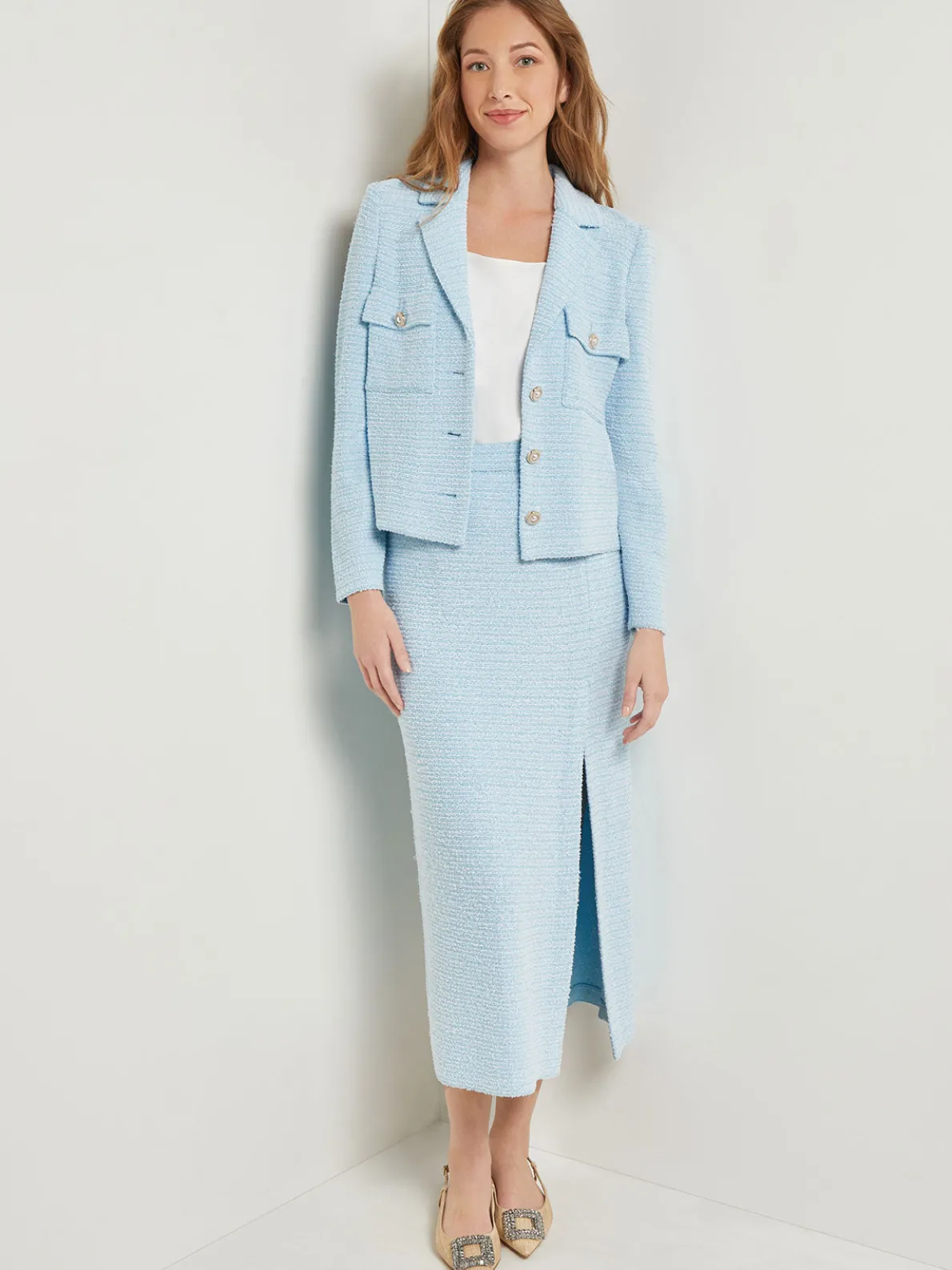 Midi Straight Skirt - Side Slit Tweed Knit