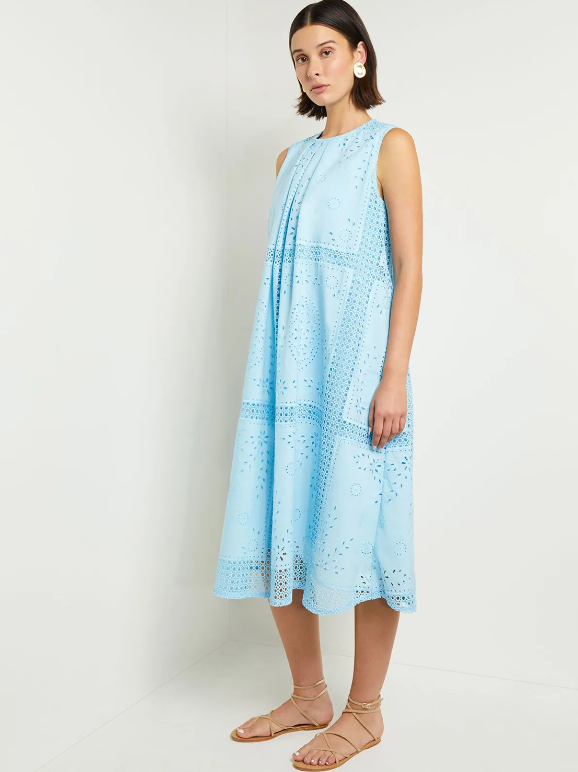 Midi Tent Dress - Sleeveless Eyelet Detailed Woven