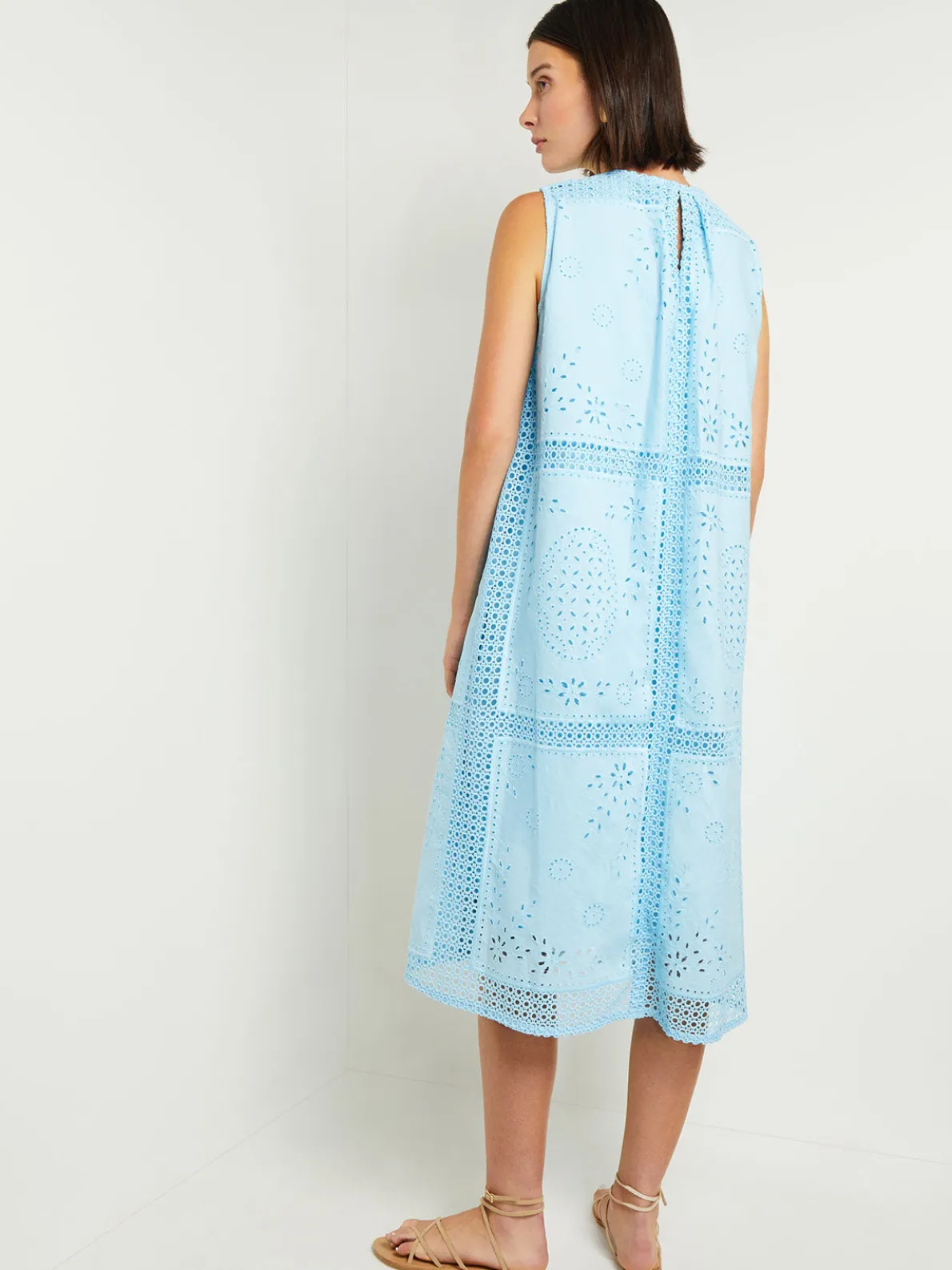 Midi Tent Dress - Sleeveless Eyelet Detailed Woven