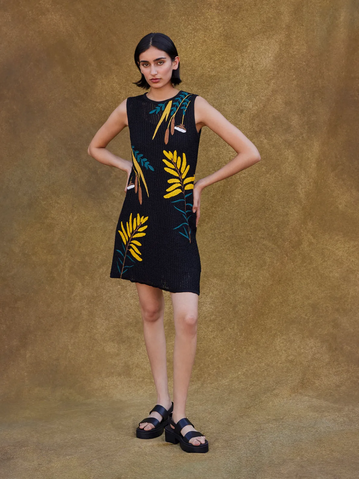 Mini A-Line Dress - Embroidered Open Ribbon Knit