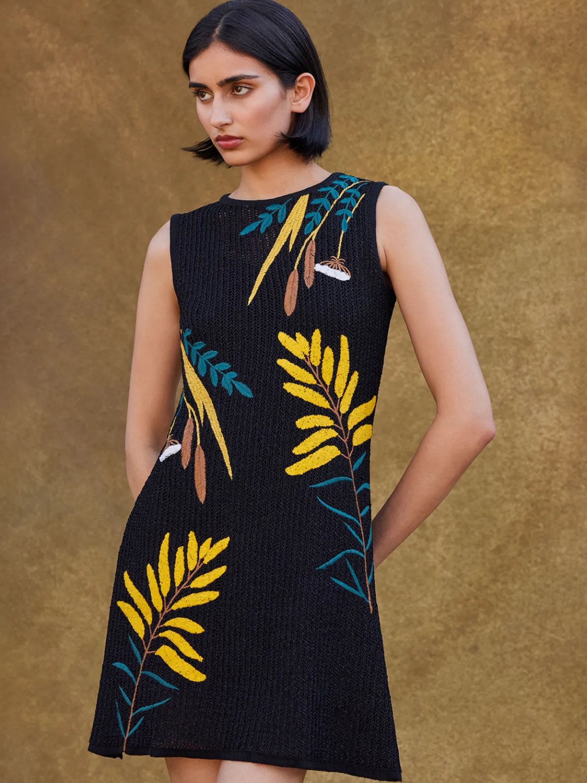 Mini A-Line Dress - Embroidered Open Ribbon Knit