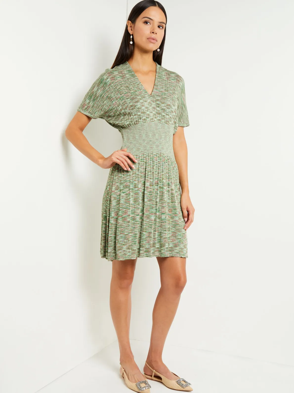 Mini Fit & Flare Dress - V-Neck Pleated Knit