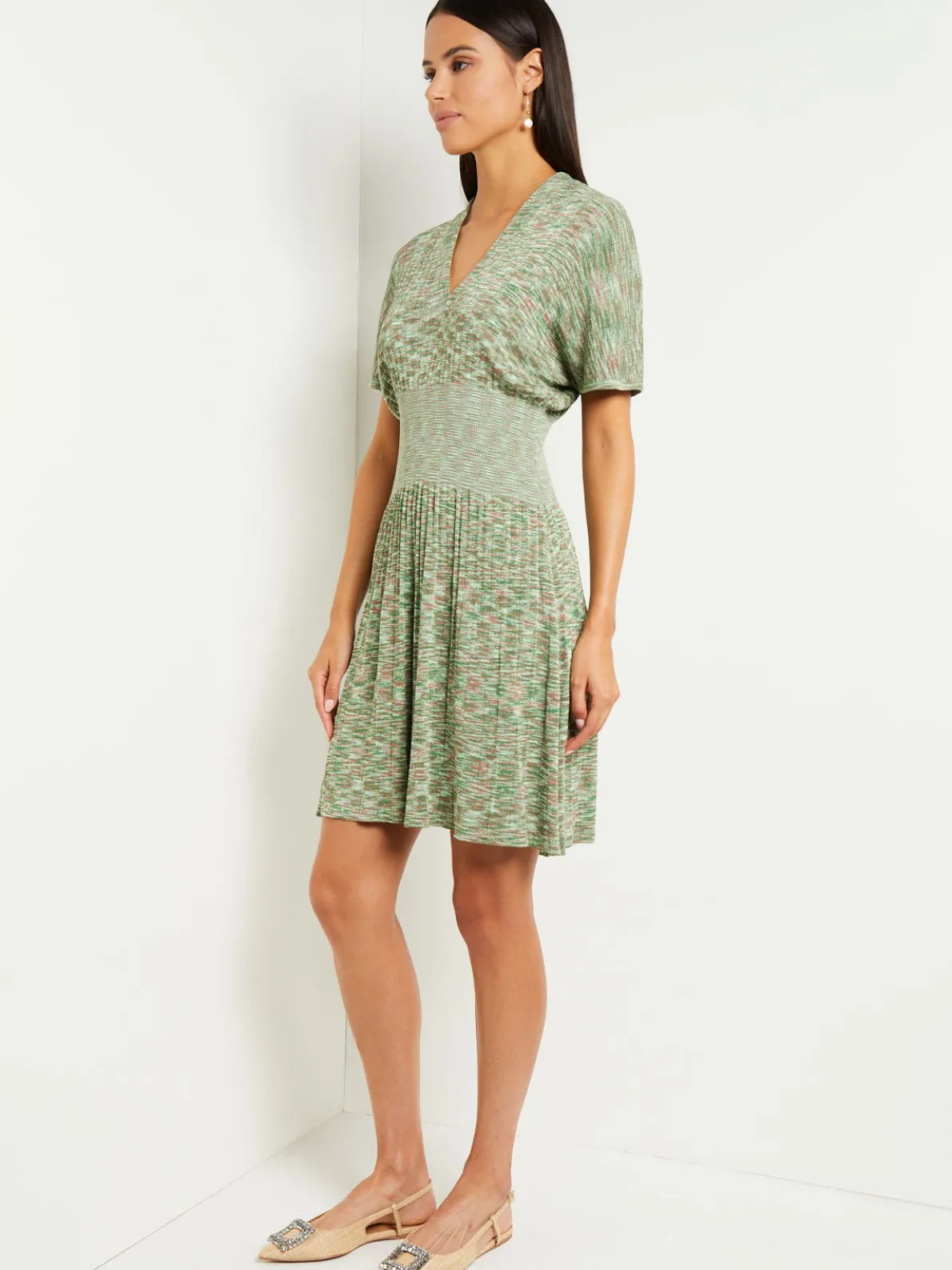 Mini Fit & Flare Dress - V-Neck Pleated Knit