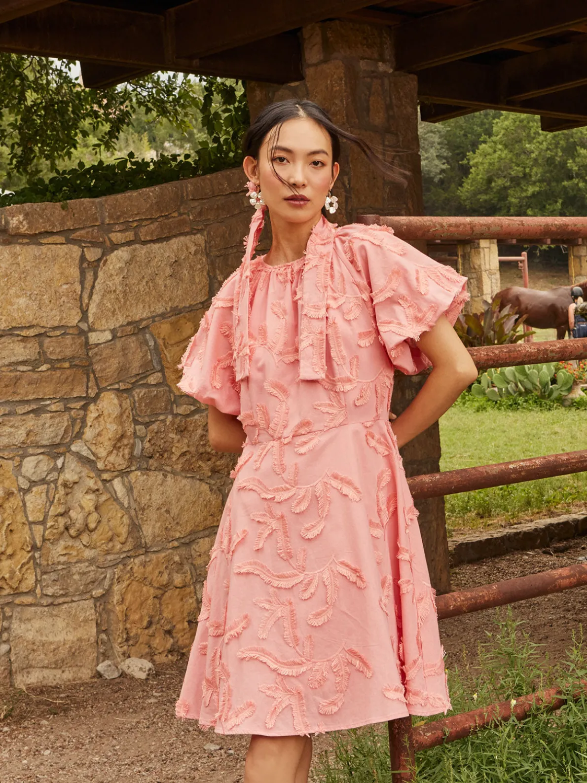 Mini Fit & Flare Dress - Puff Sleeve Fringe Applique Cotton