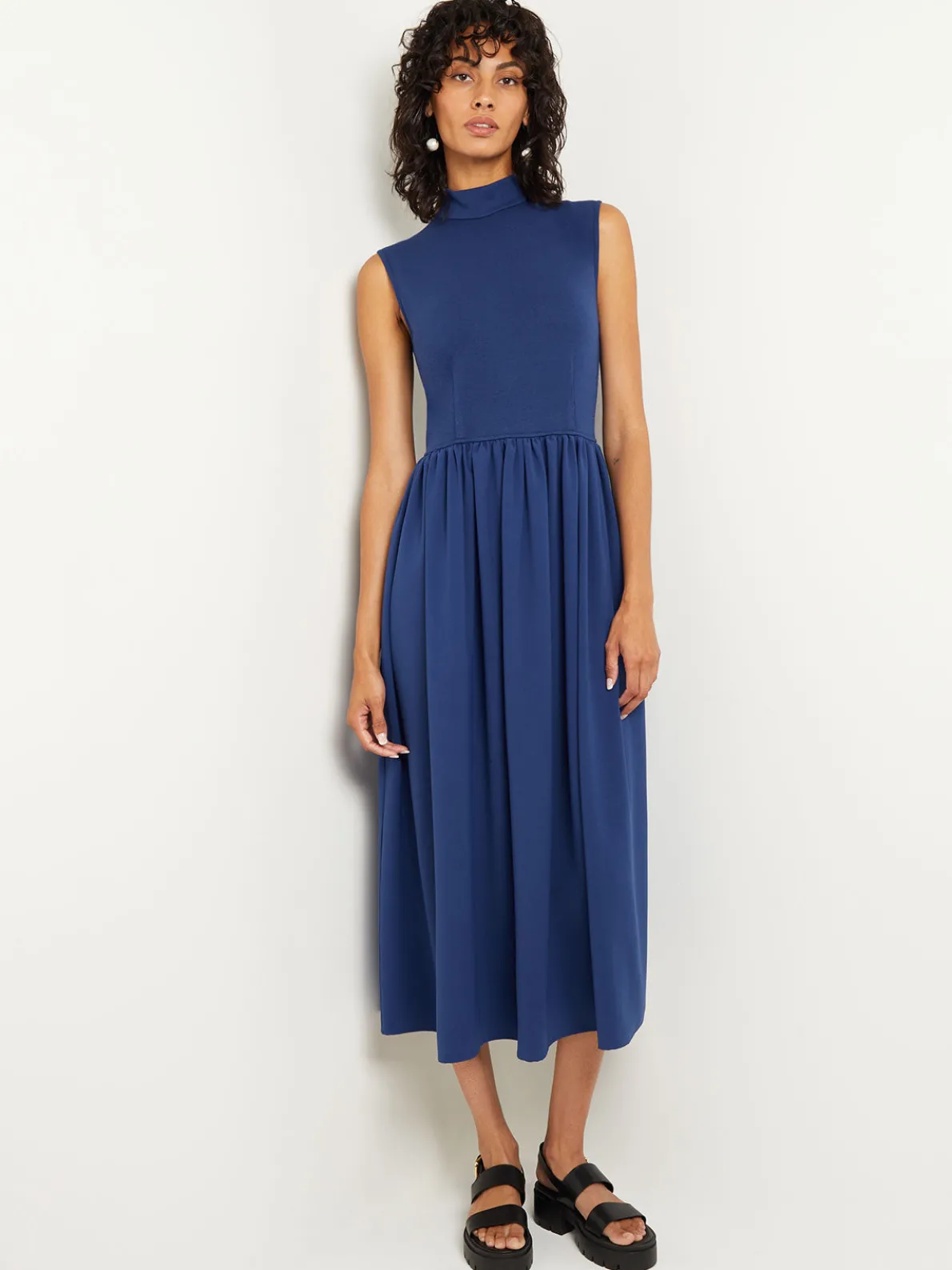 Mixed Media Fit-and-Flare Sleeveless Midi Dress