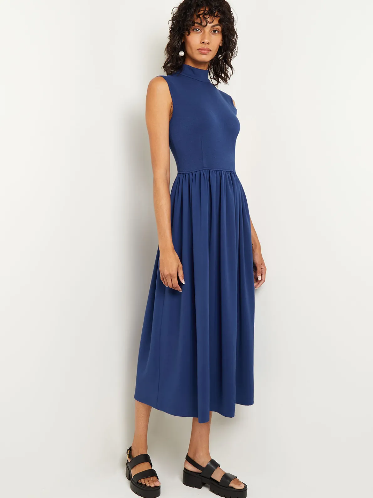 Mixed Media Fit-and-Flare Sleeveless Midi Dress
