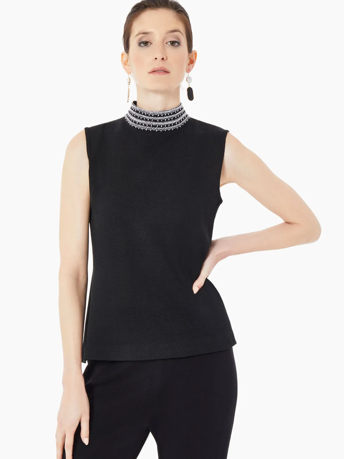 Mock Neck Embroidered Trim Knit Tank Top