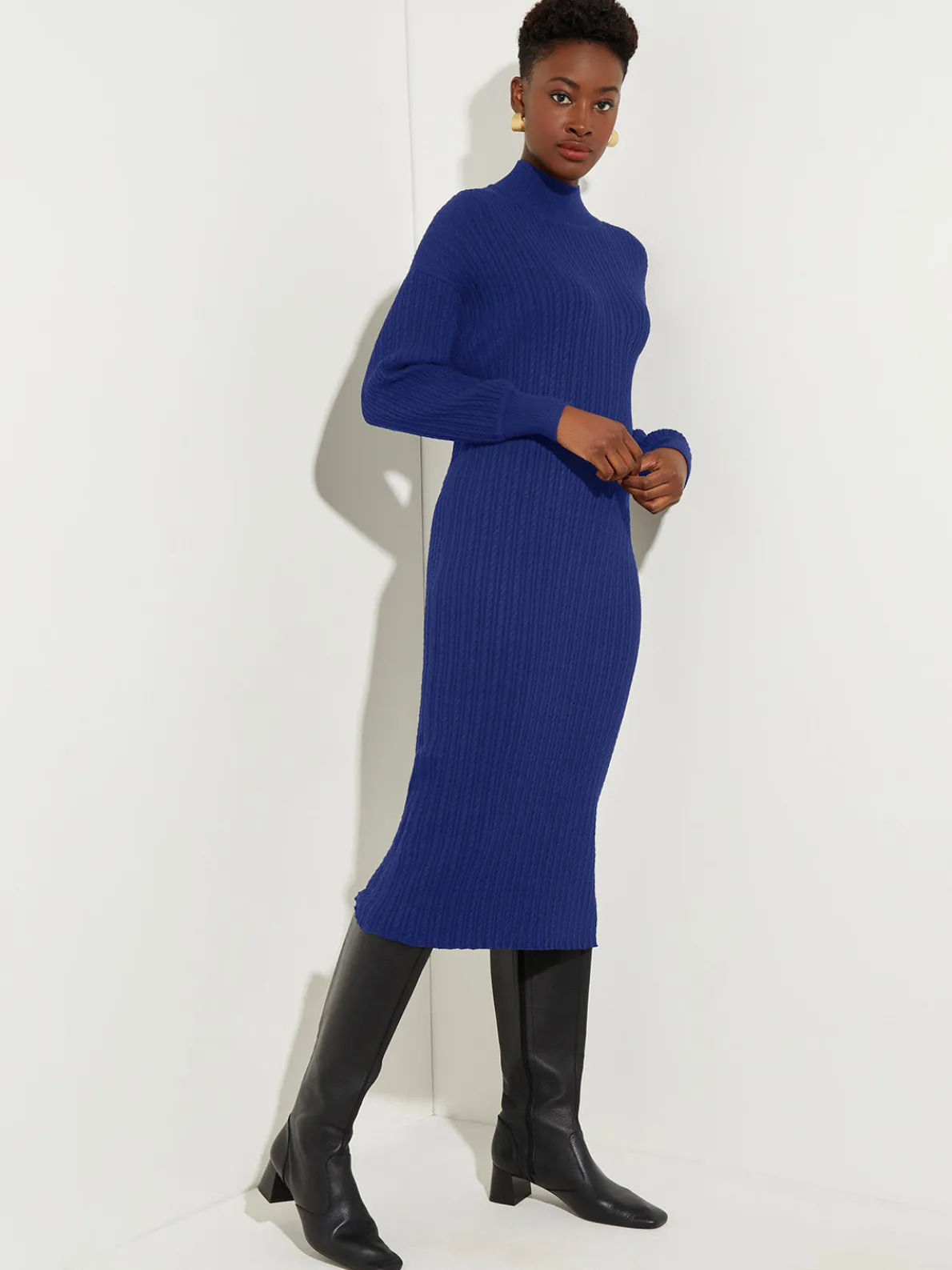 Mock Neck Soft Cable Knit Sweater Dress