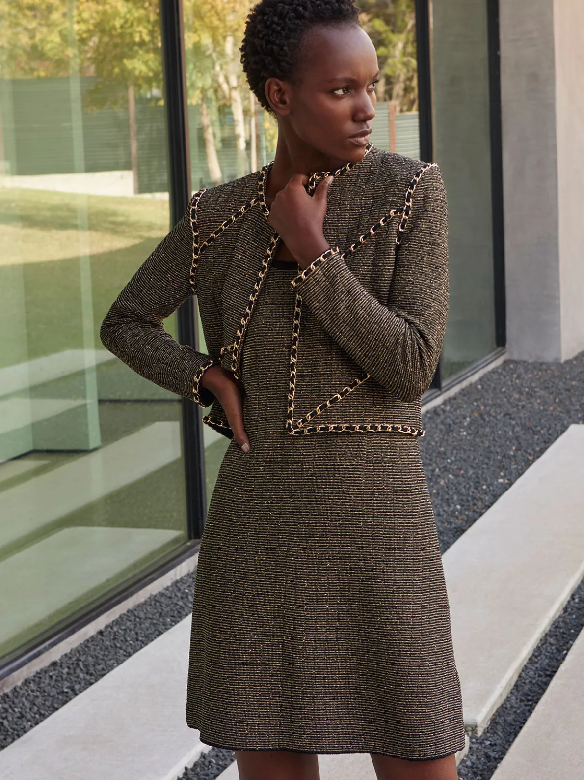 Modern Fit A-Line Curb Chain Double Strap Knit Mini Dress