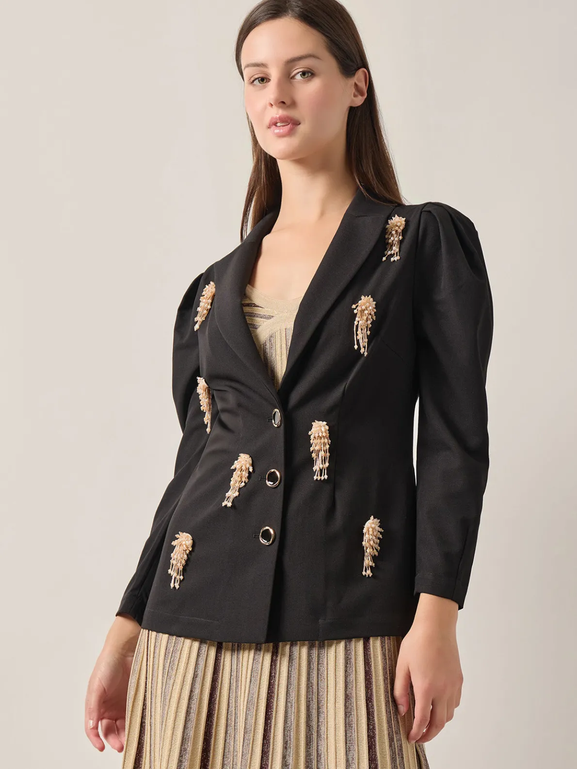 Modern Fit Beaded Applique Button Front Blazer