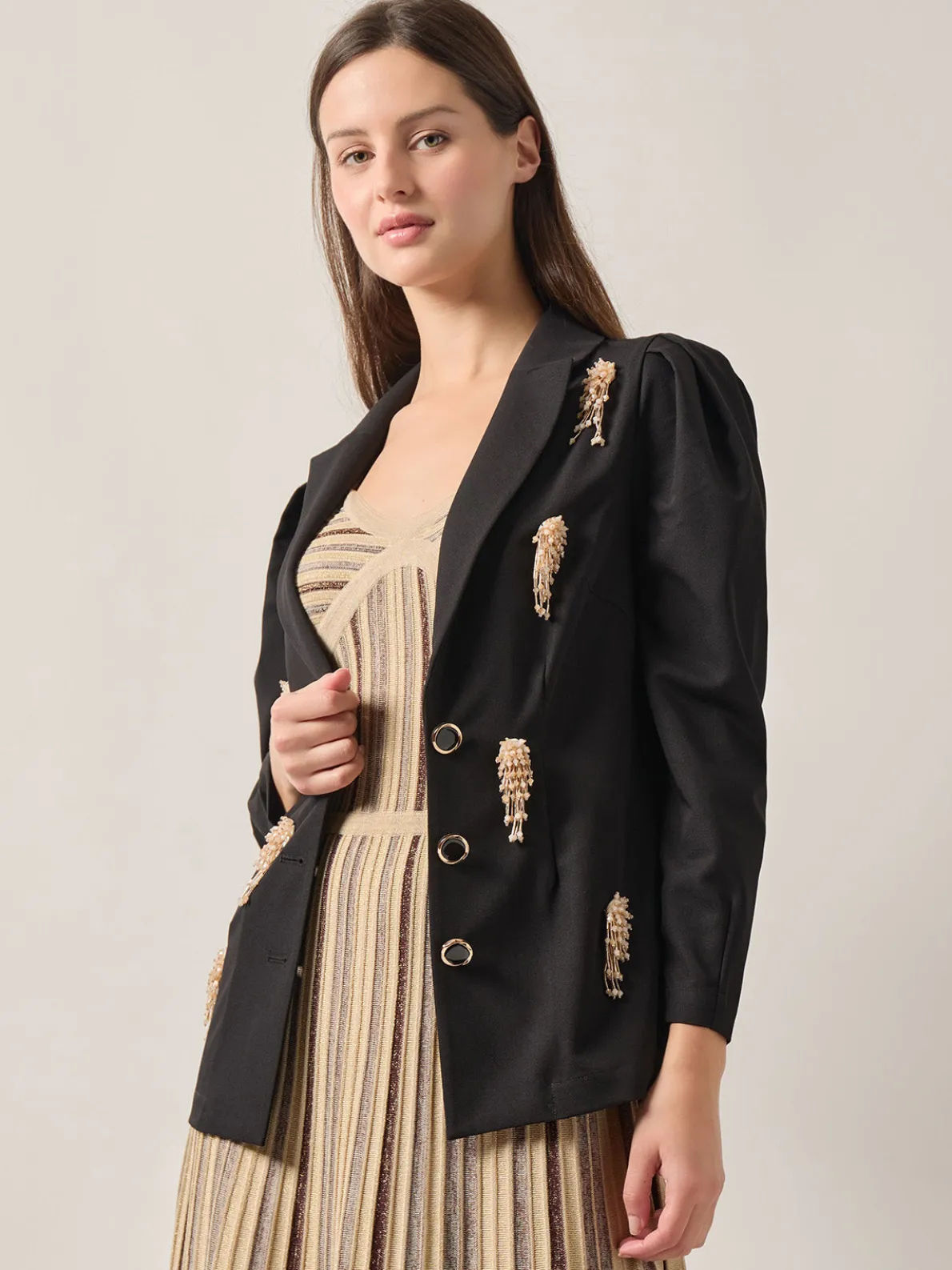 Modern Fit Beaded Applique Button Front Blazer