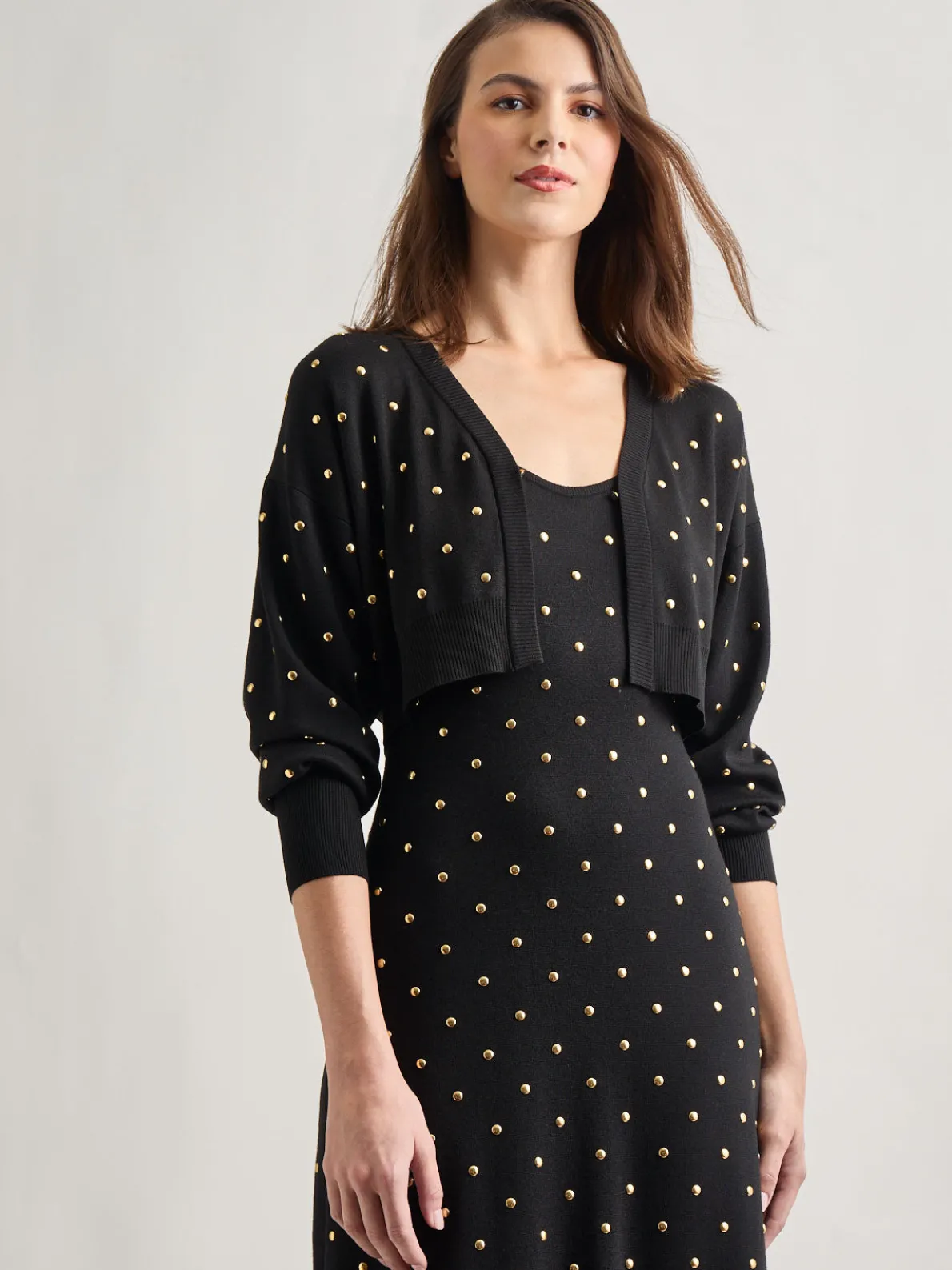 Modern Fit Cropped Gold Studded Soft Knit Cardigan