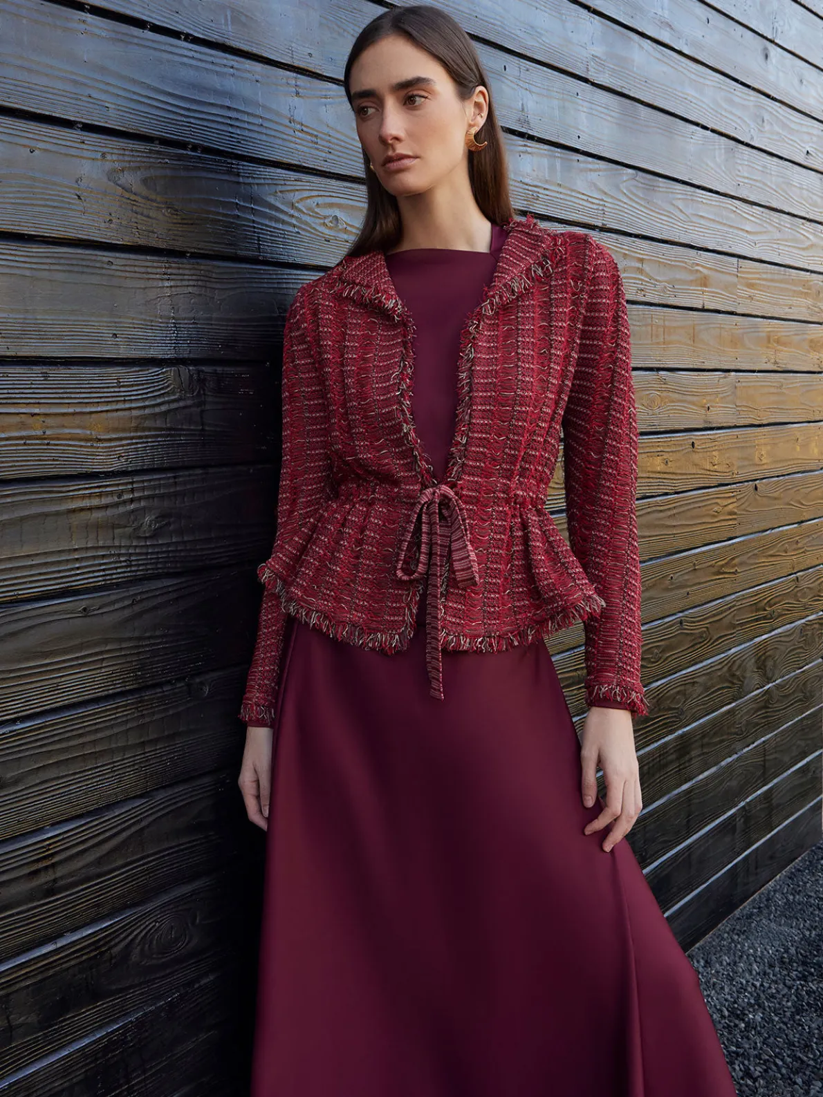 Modern Fit Linear Fringe Tweed Belted Knit Jacket