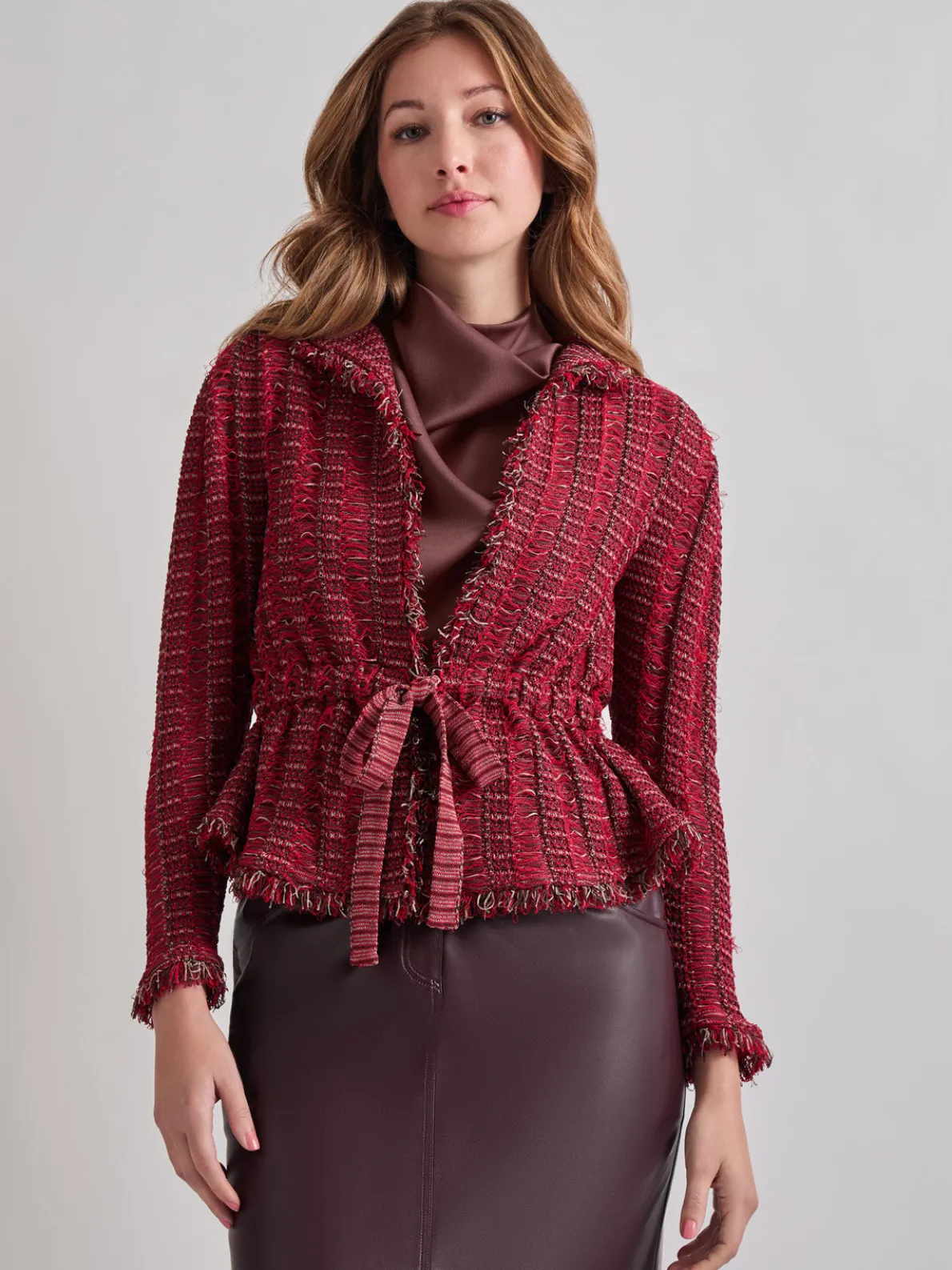 Modern Fit Linear Fringe Tweed Belted Knit Jacket