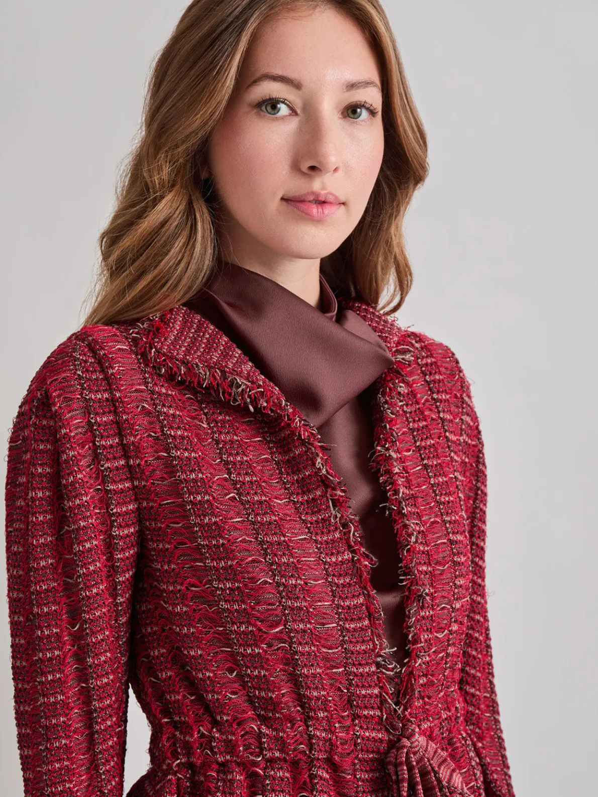 Modern Fit Linear Fringe Tweed Belted Knit Jacket