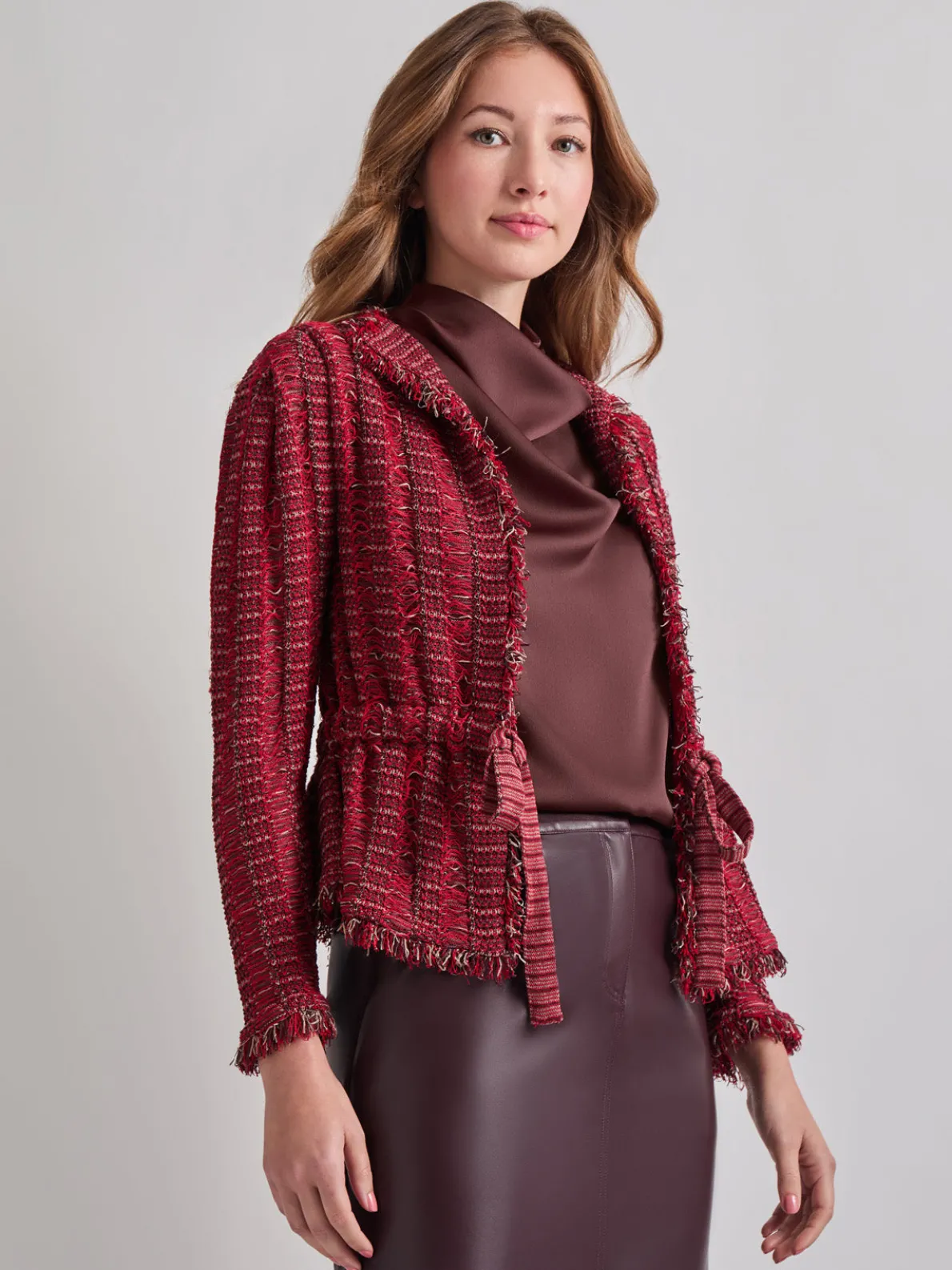 Modern Fit Linear Fringe Tweed Belted Knit Jacket