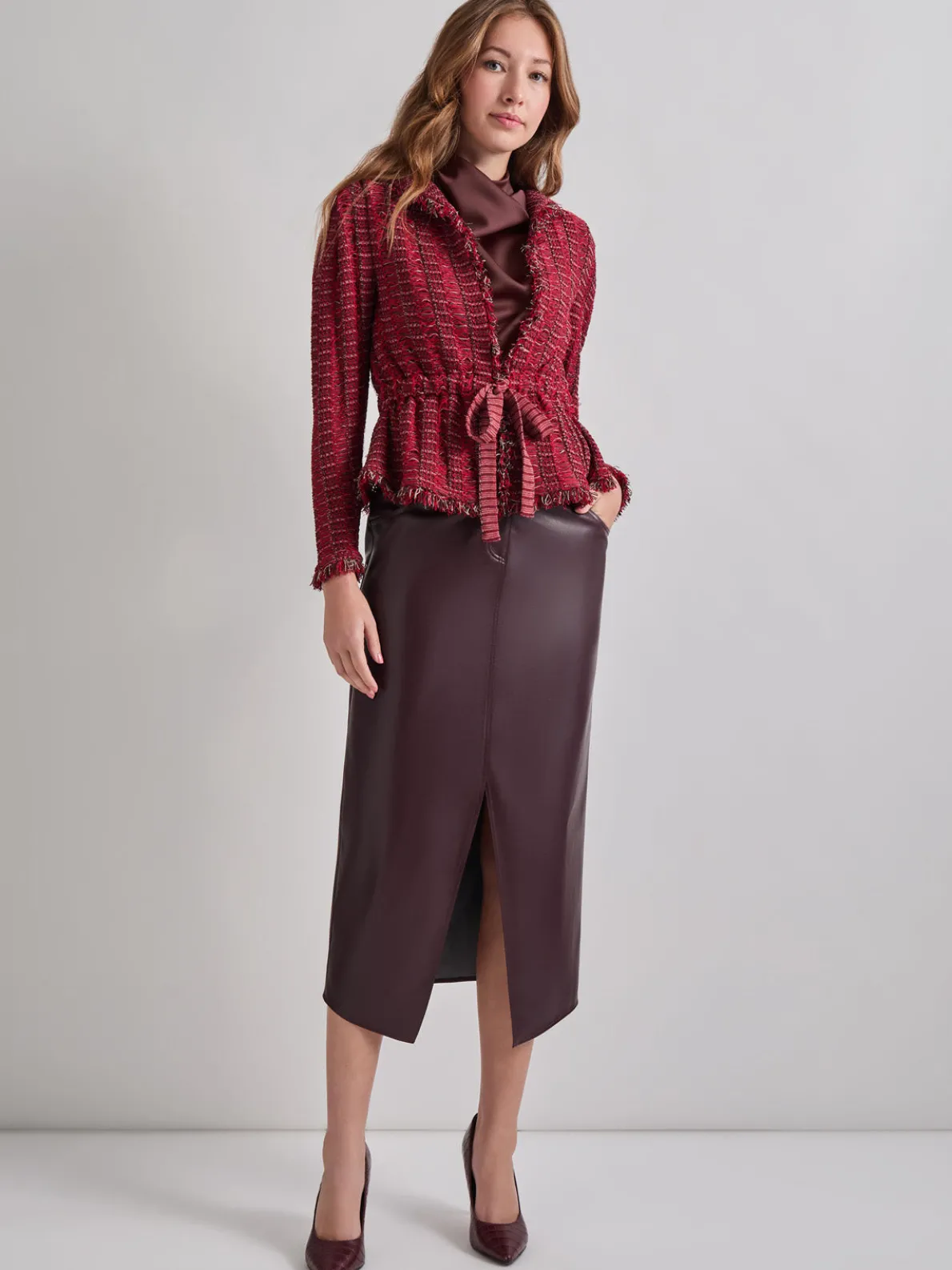 Modern Fit Linear Fringe Tweed Belted Knit Jacket