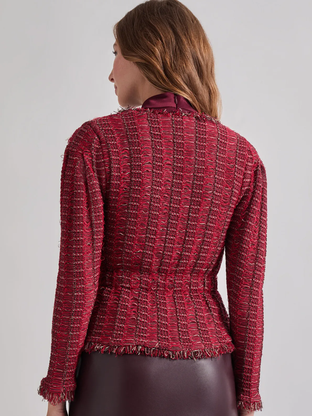 Modern Fit Linear Fringe Tweed Belted Knit Jacket