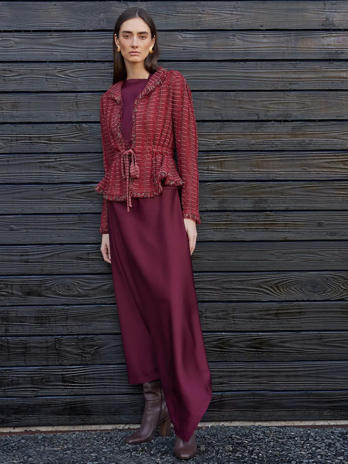 Modern Fit Linear Fringe Tweed Belted Knit Jacket