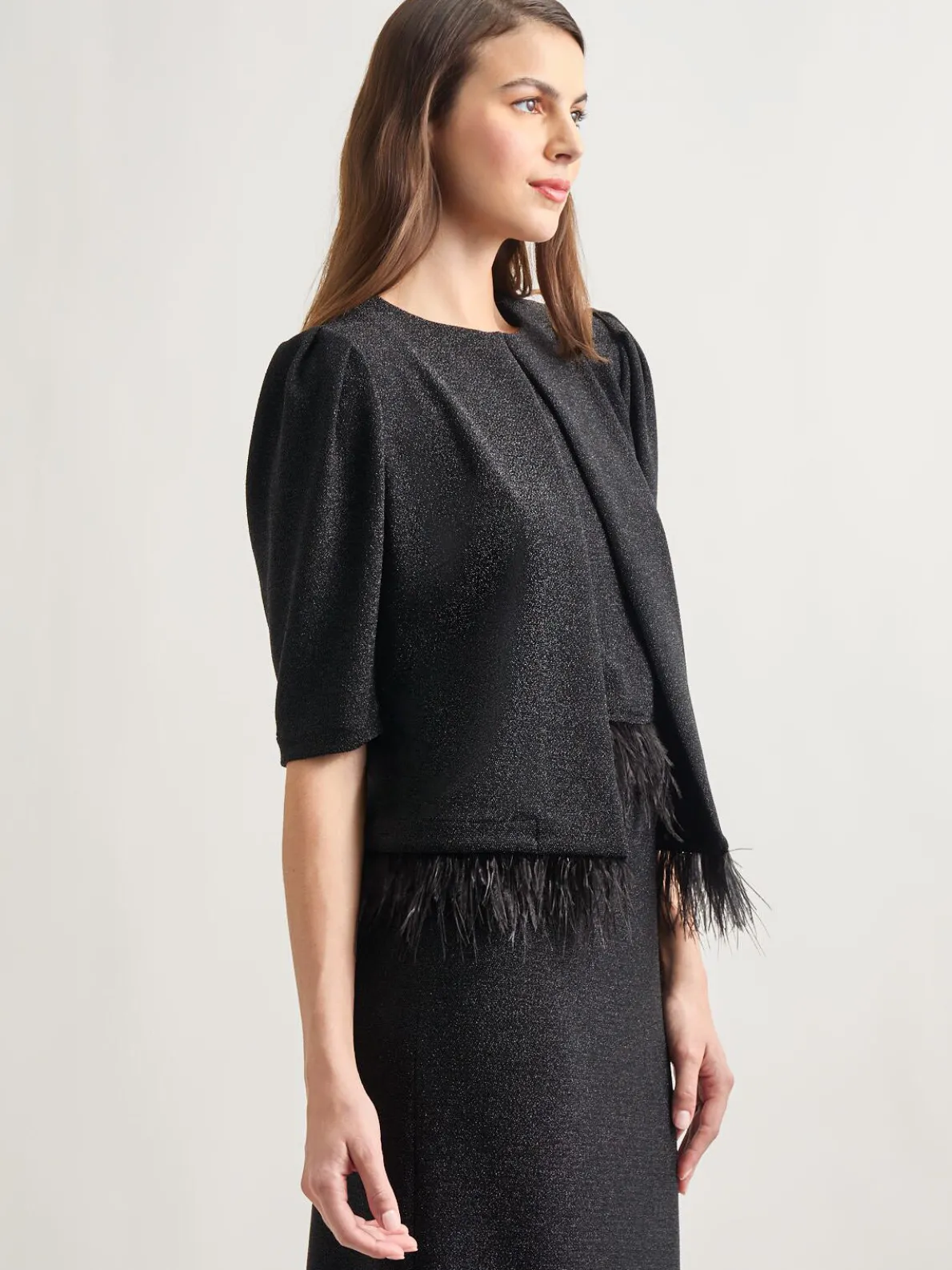 Modern Fit Ostrich Feather Trim Stretch Woven Jacket