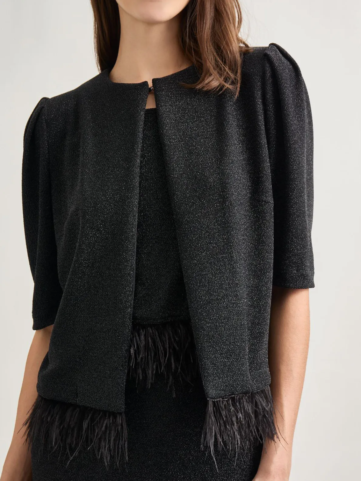 Modern Fit Ostrich Feather Trim Stretch Woven Jacket