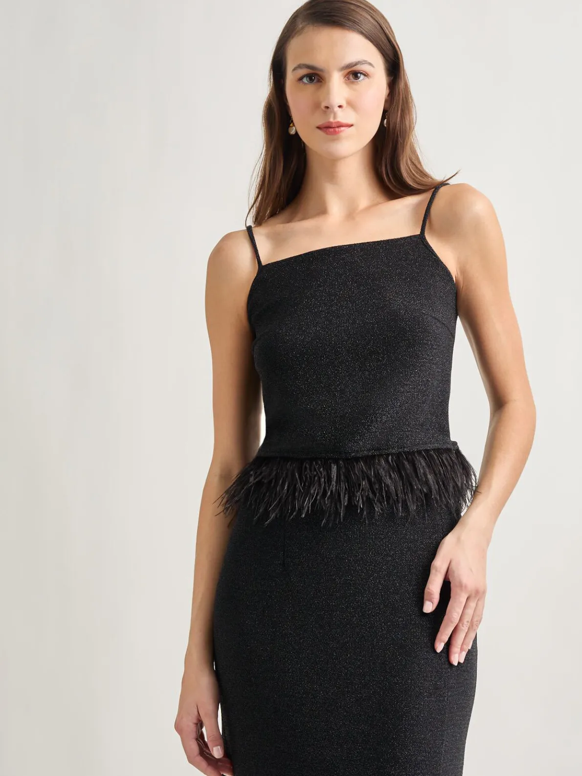 Modern Fit Ostrich Feather Trim Stretch Woven Tank