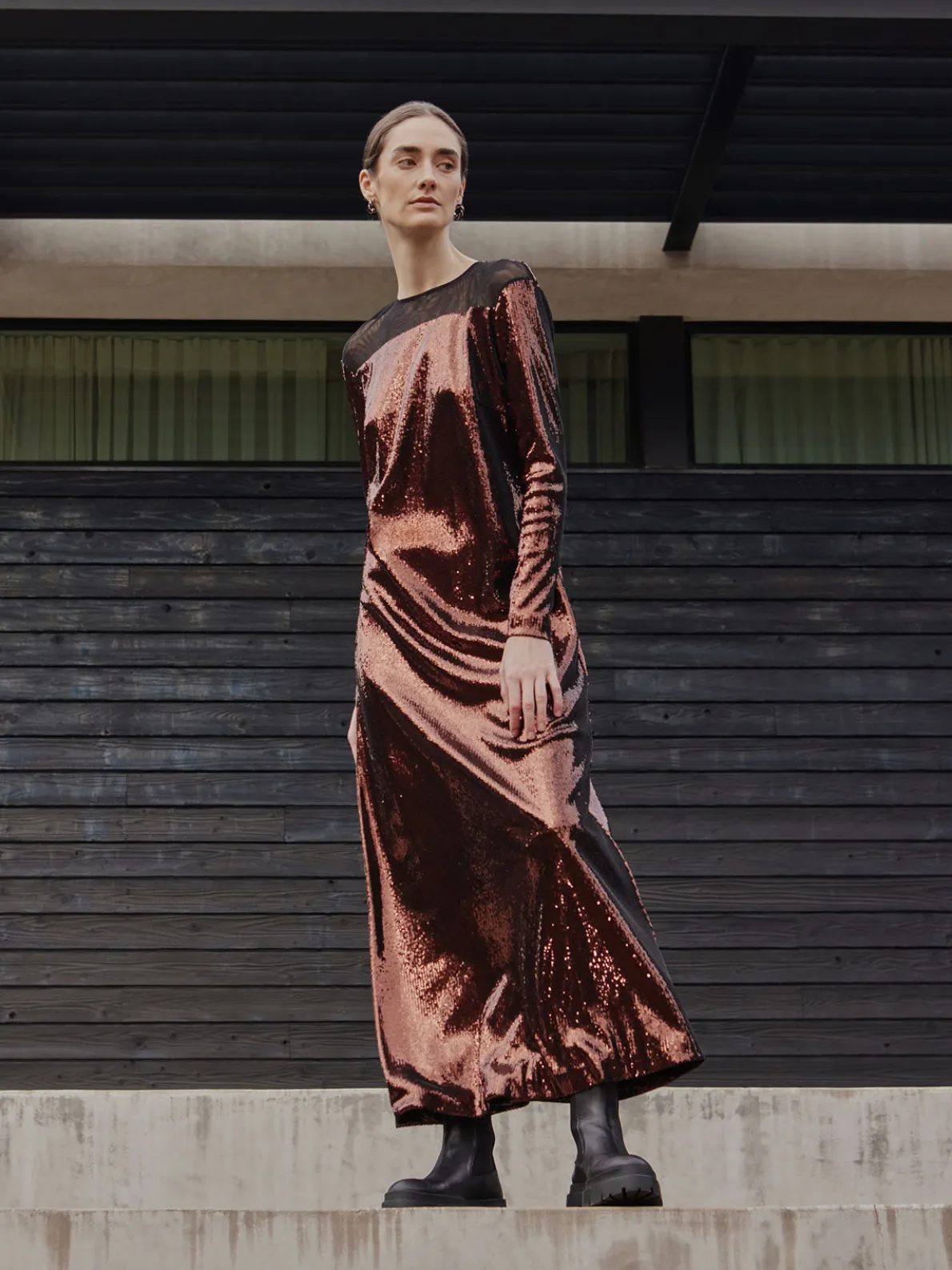 Modern Fit Sheer Shoulder Sequin A-Line Maxi Dress