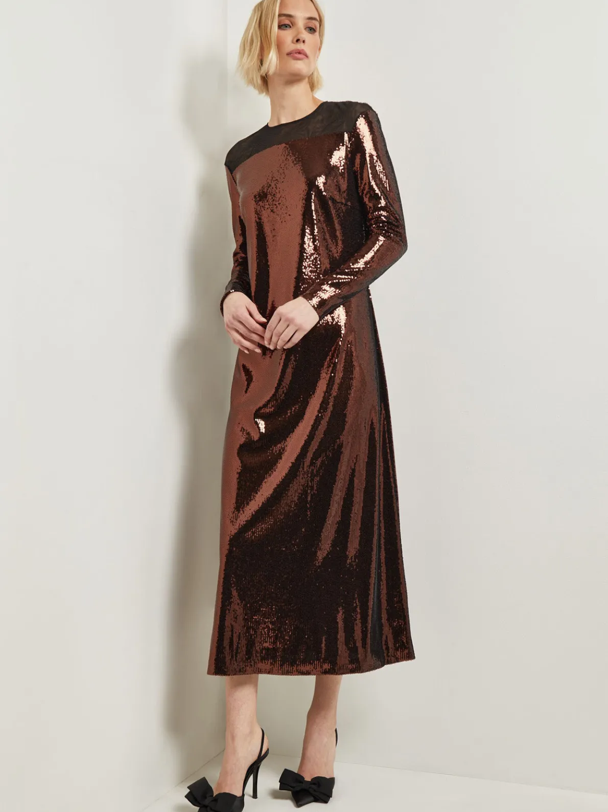 Modern Fit Sheer Shoulder Sequin A-Line Maxi Dress