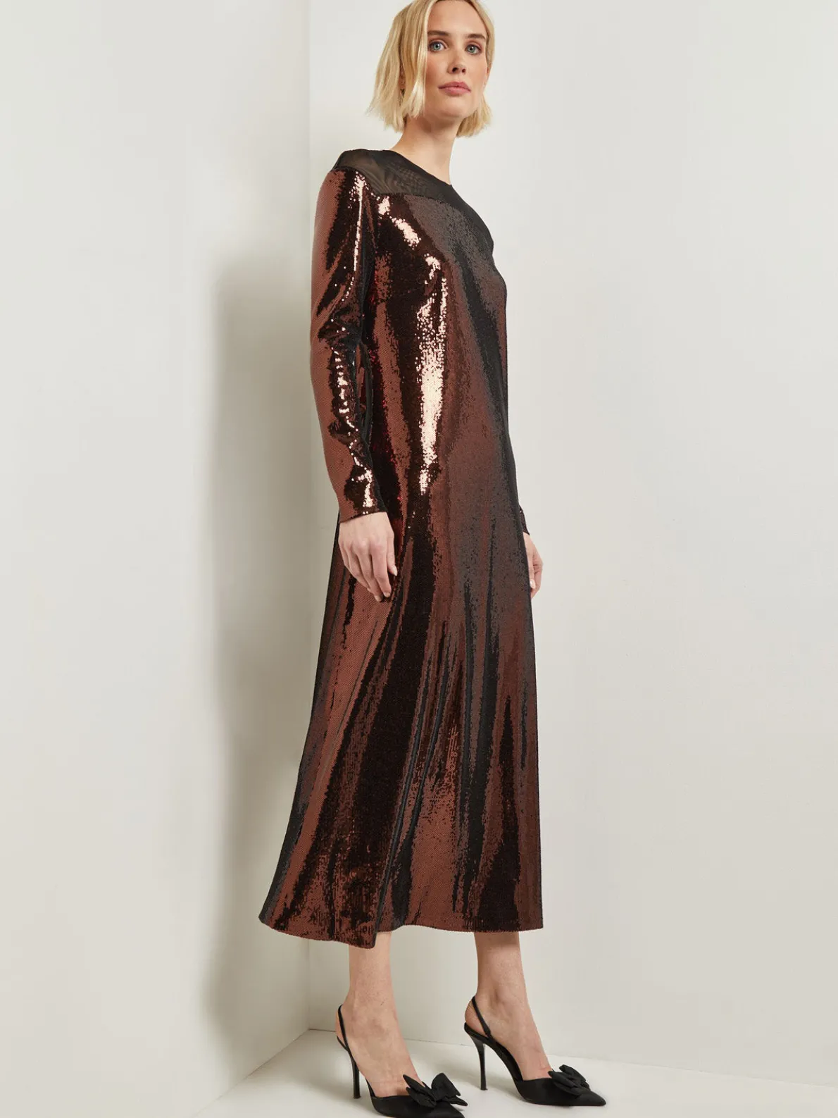 Modern Fit Sheer Shoulder Sequin A-Line Maxi Dress