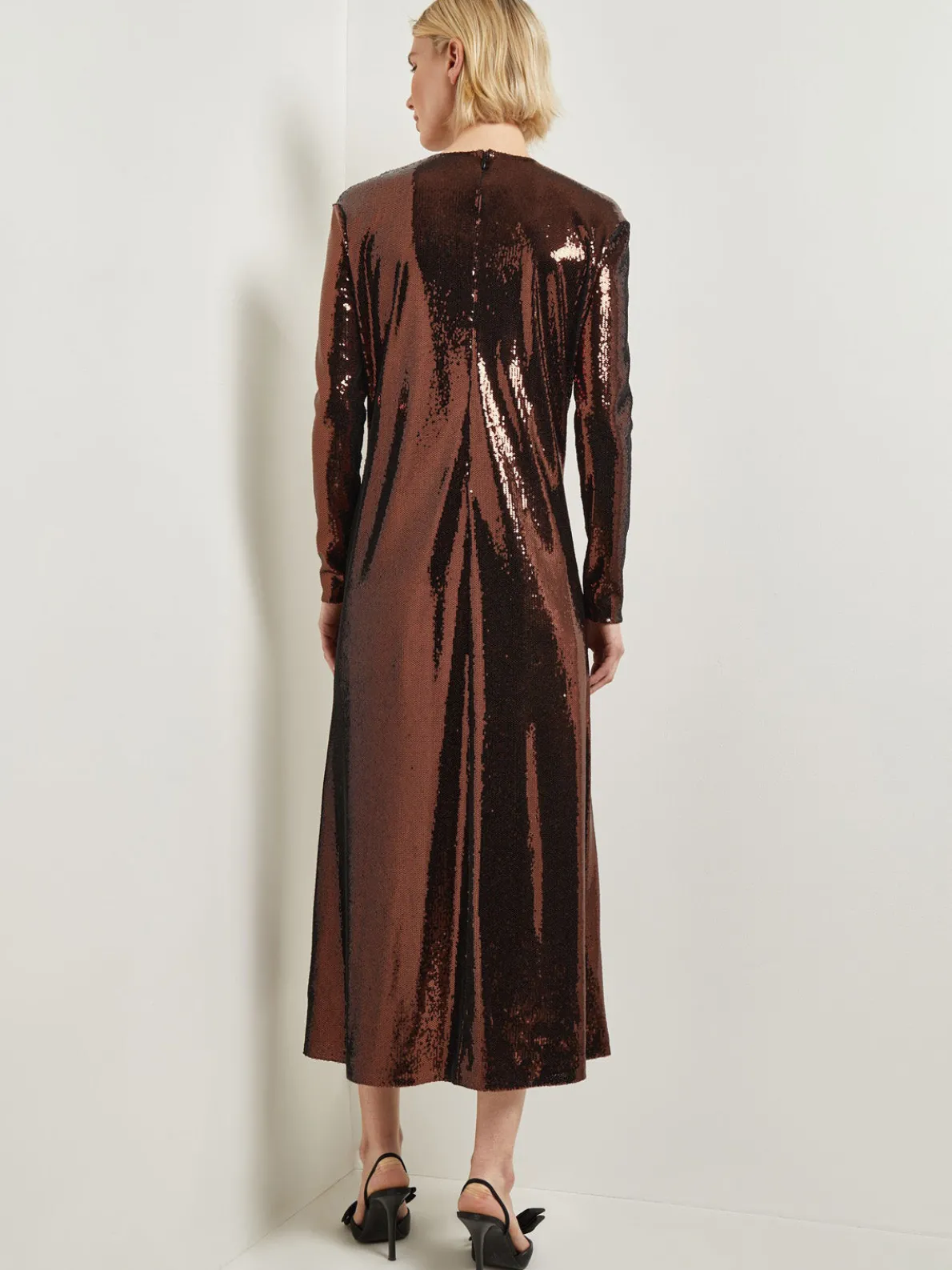 Modern Fit Sheer Shoulder Sequin A-Line Maxi Dress