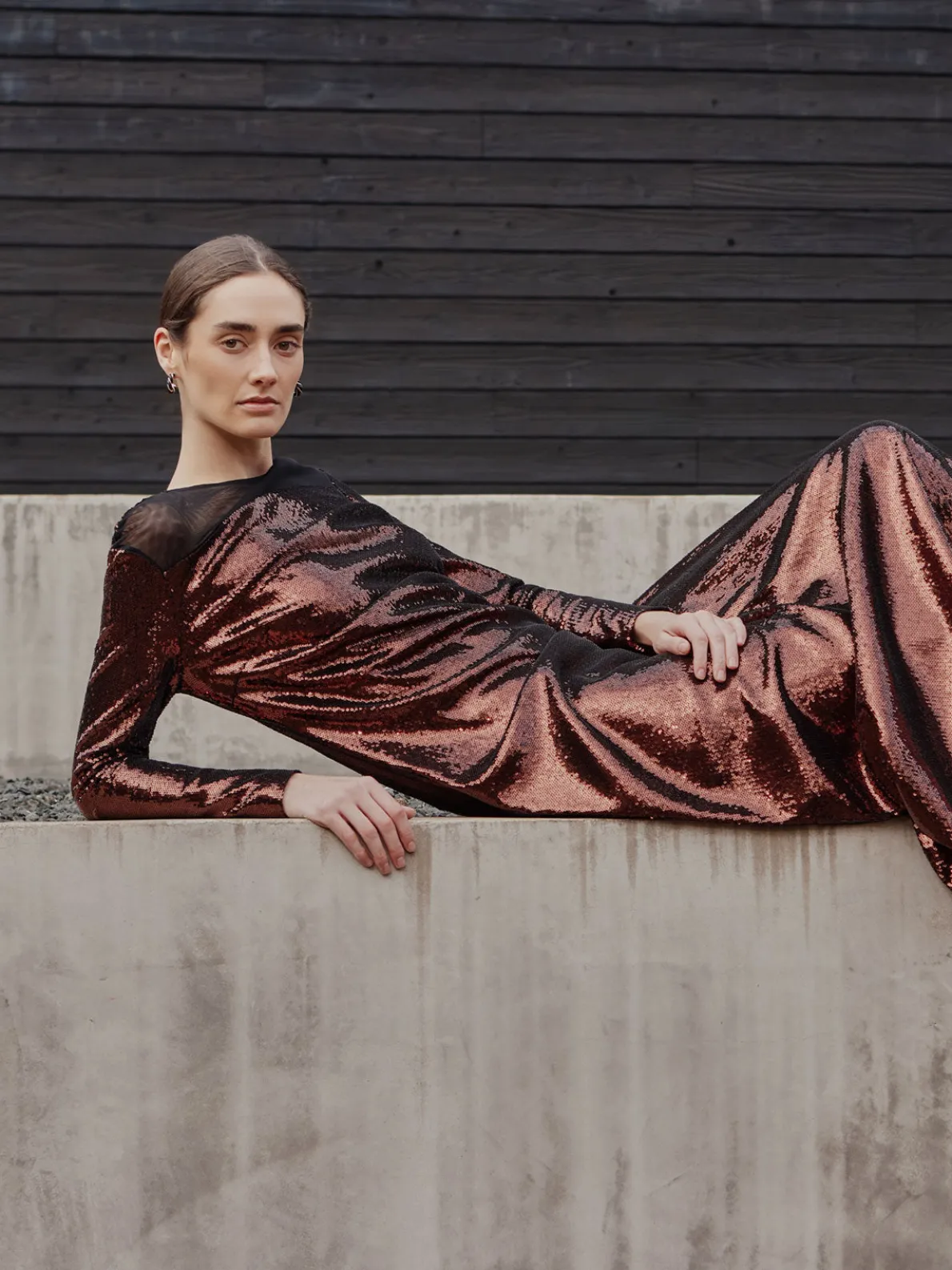 Modern Fit Sheer Shoulder Sequin A-Line Maxi Dress