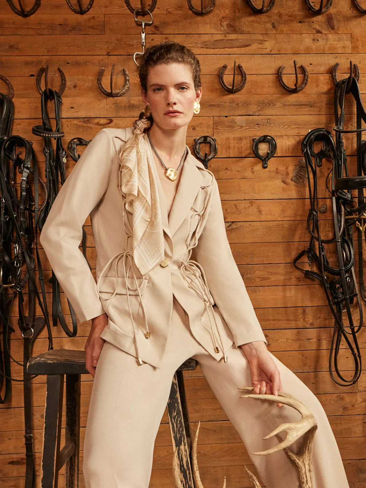 Modern Fit Single Button Jacket - Lace Tie Detail Woven