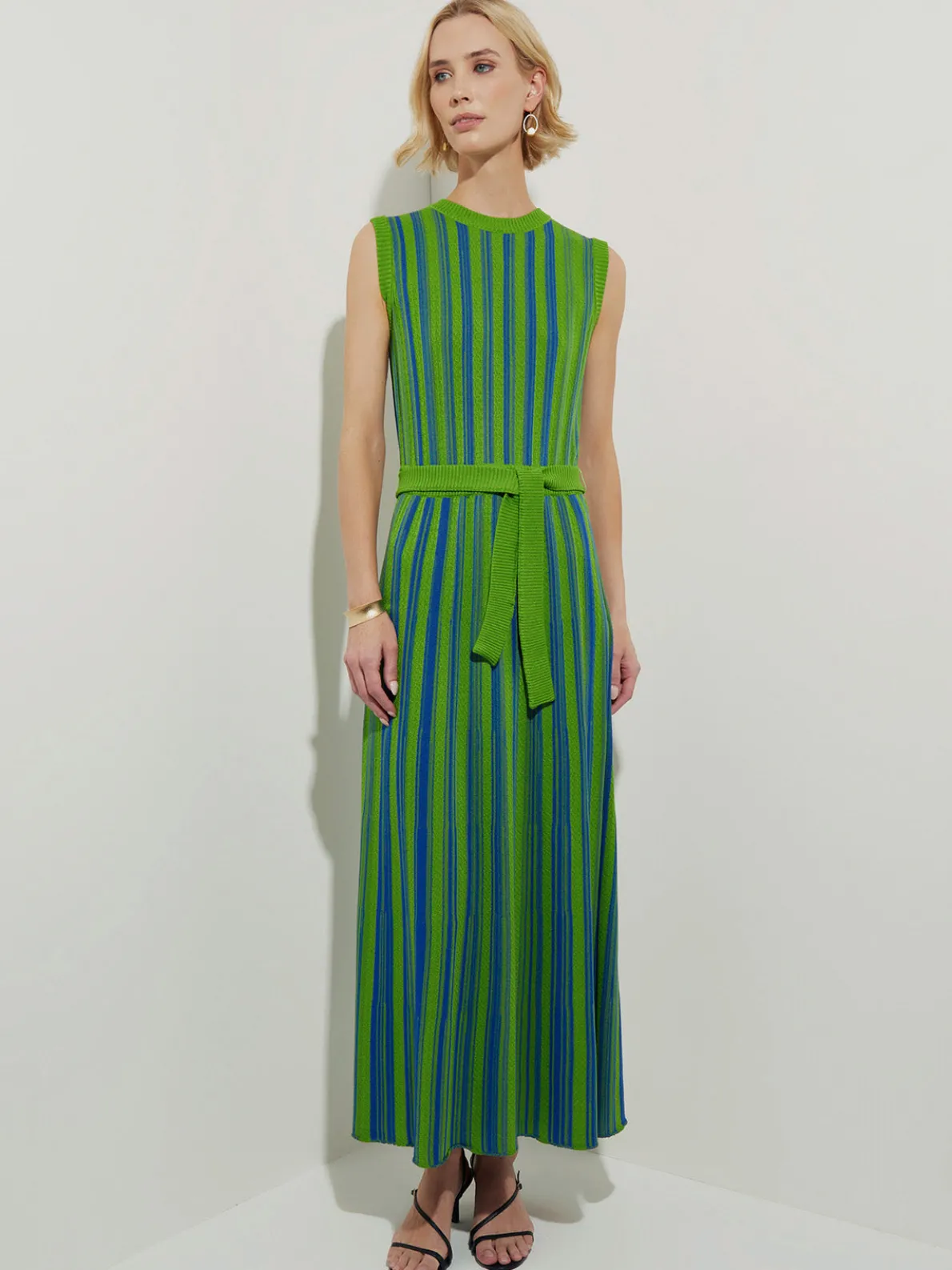 Modern Fit Sleeveless Soft Ribbed Knit Belted Maxi Dress