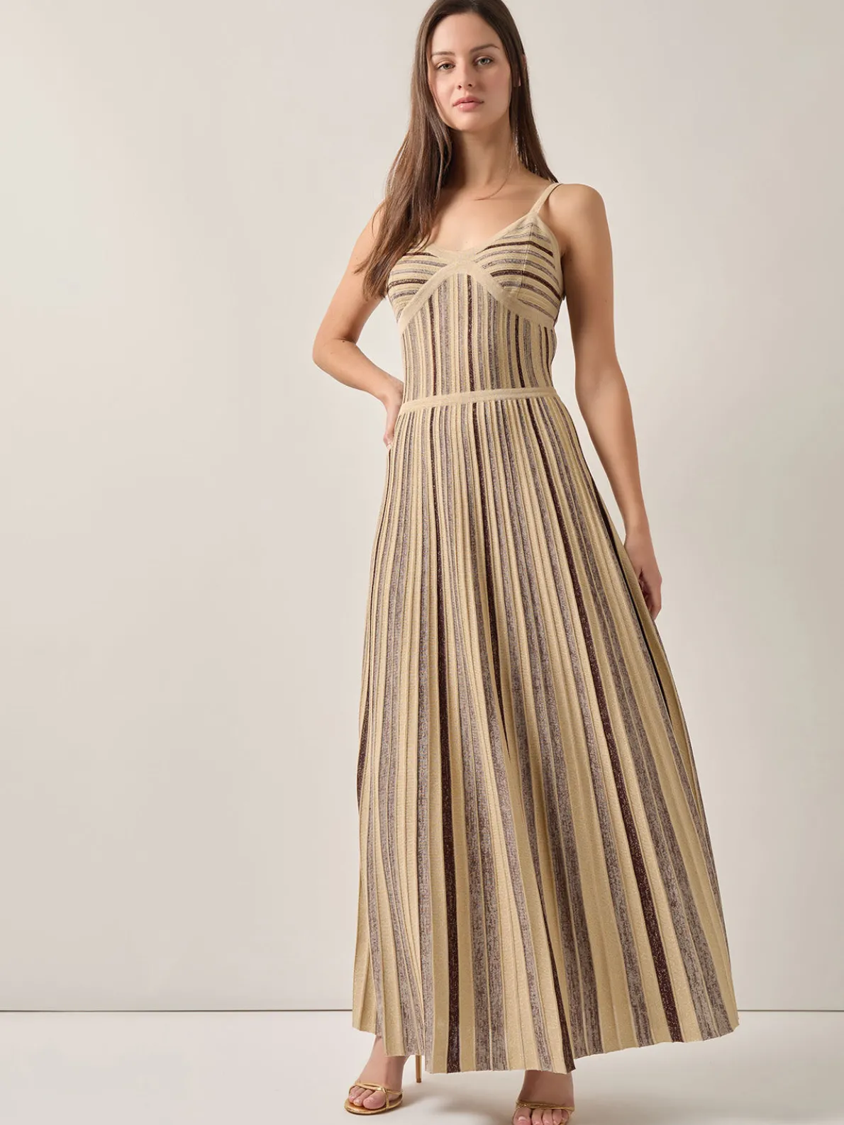 Modern Fit-and-Flare Lurex Striped Knit Maxi Dress