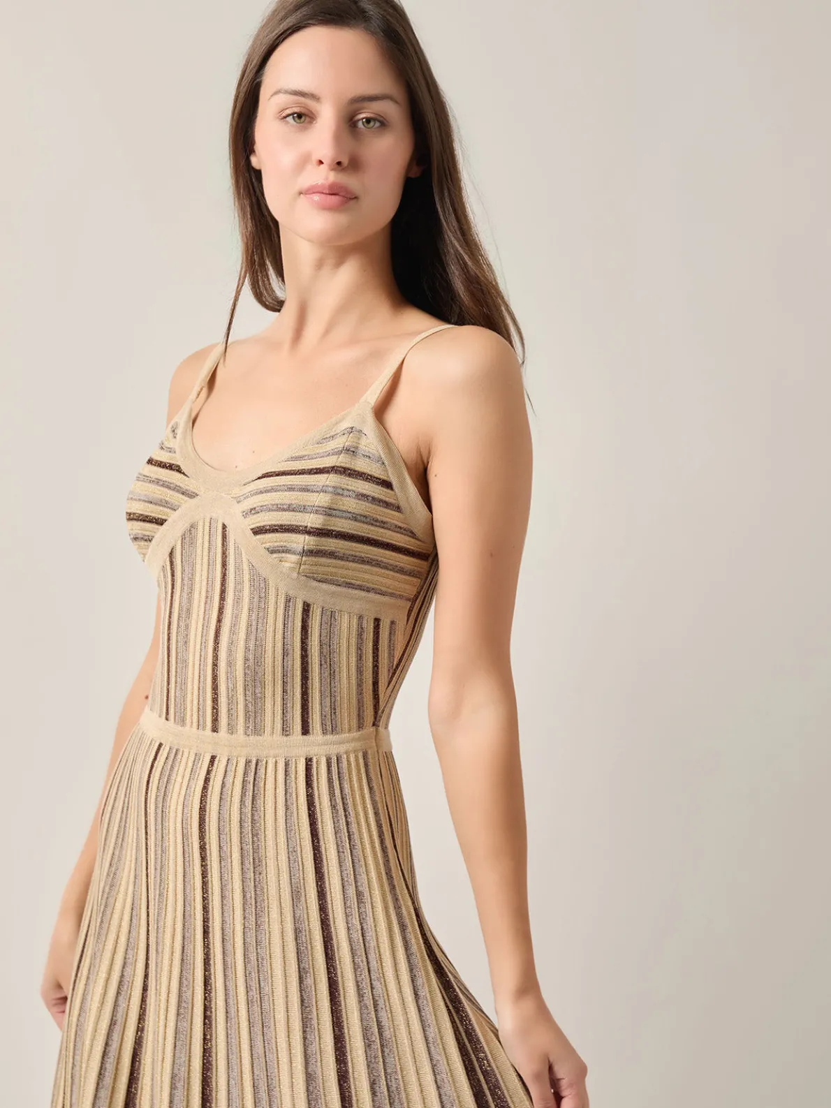 Modern Fit-and-Flare Lurex Striped Knit Maxi Dress