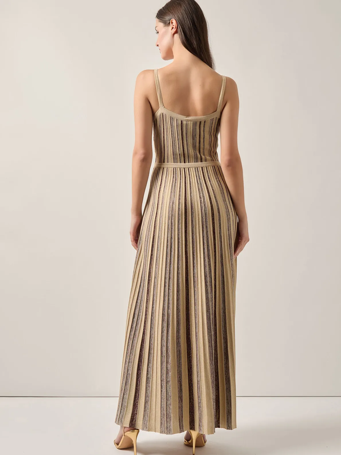 Modern Fit-and-Flare Lurex Striped Knit Maxi Dress