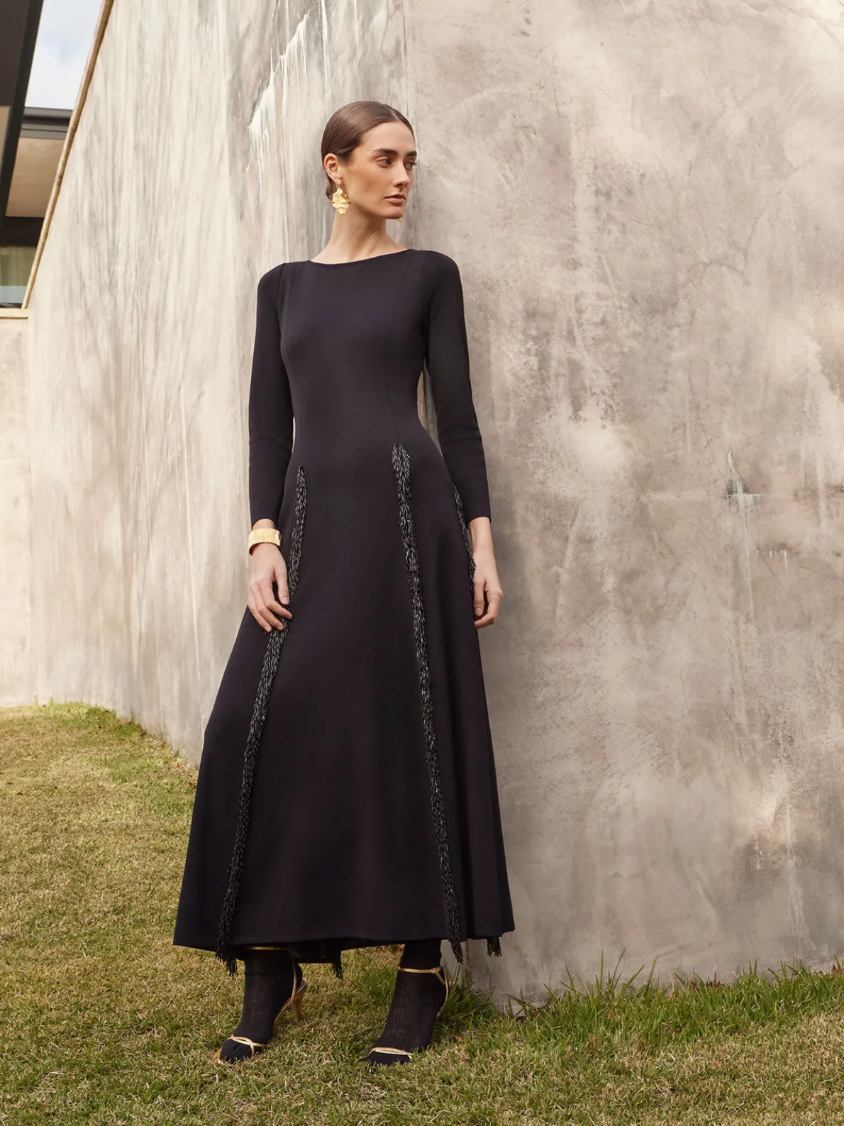 Modern Fit-and-Flare Sequin Princess Seam Knit Maxi Dress