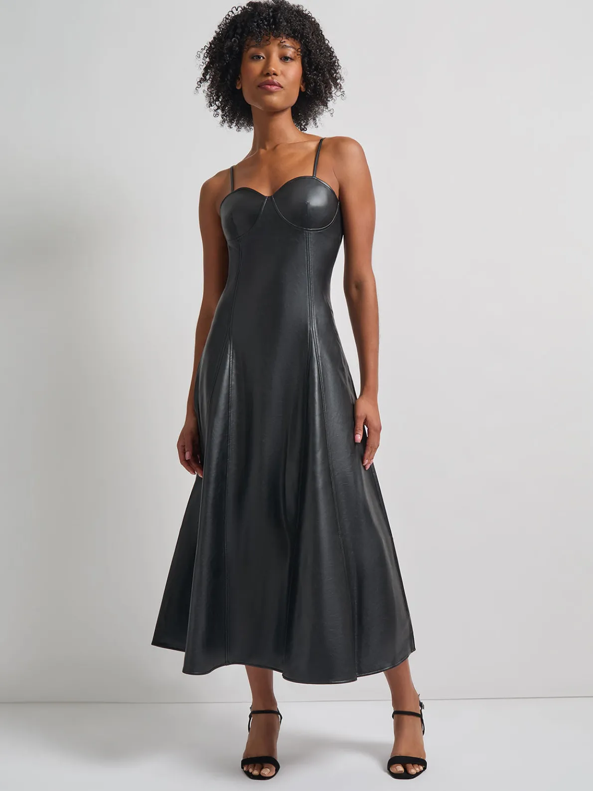 Modern Fit-and-Flare Vegan Leather Princess Seam Maxi Dress