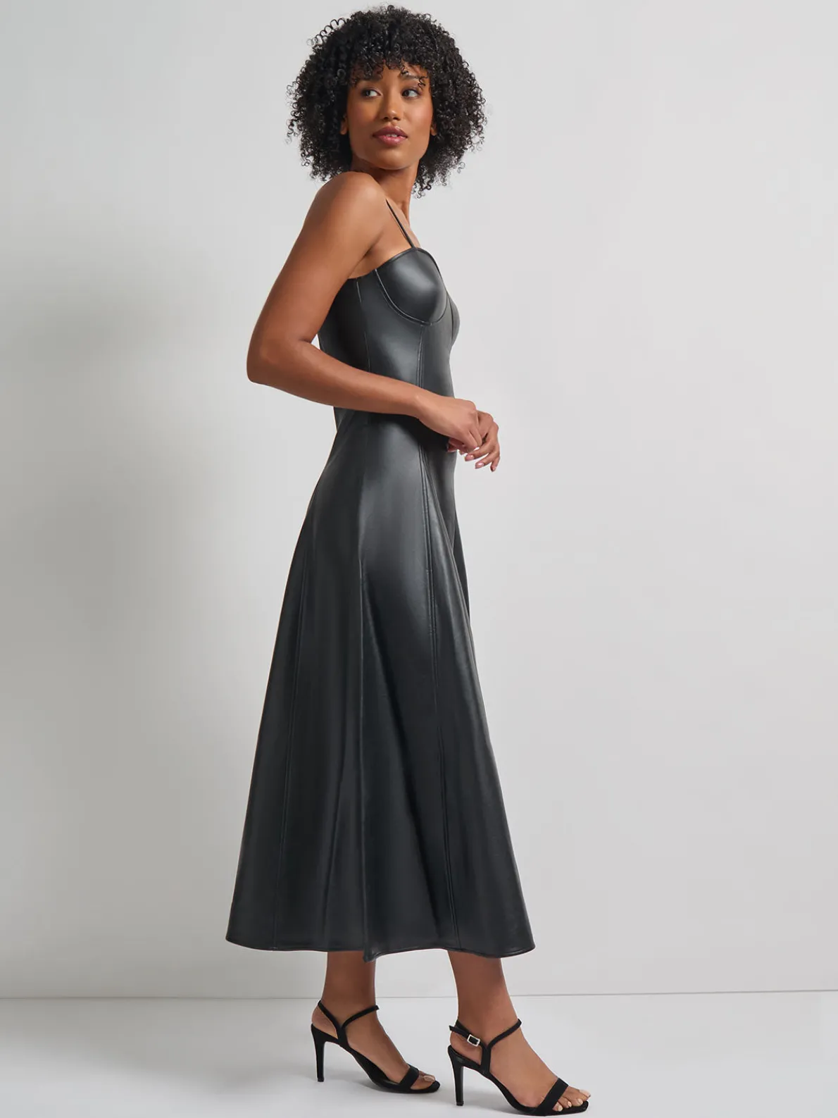 Modern Fit-and-Flare Vegan Leather Princess Seam Maxi Dress