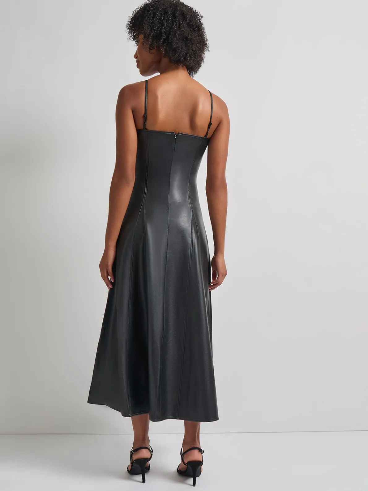 Modern Fit-and-Flare Vegan Leather Princess Seam Maxi Dress
