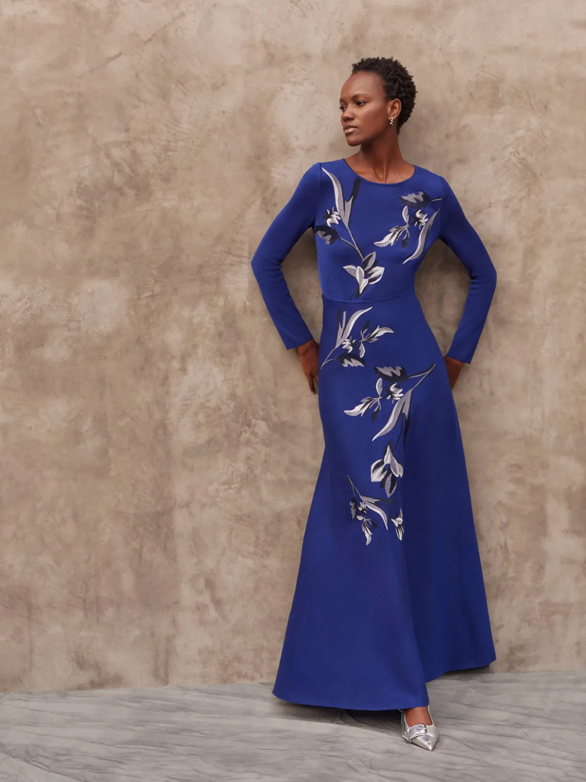 Modern Fit-and-Flare Embroidered Floral Knit Maxi Dress