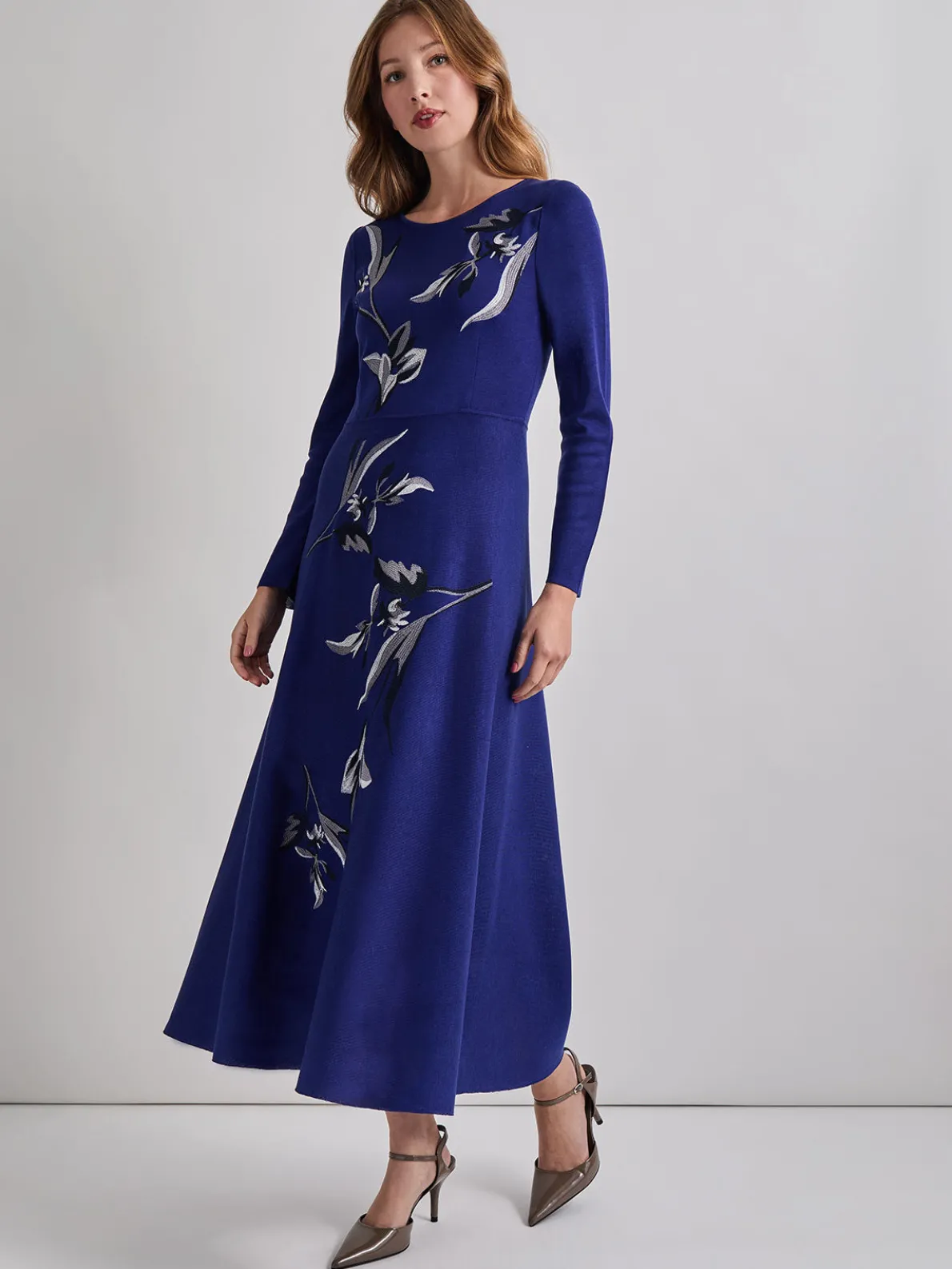 Modern Fit-and-Flare Embroidered Floral Knit Maxi Dress