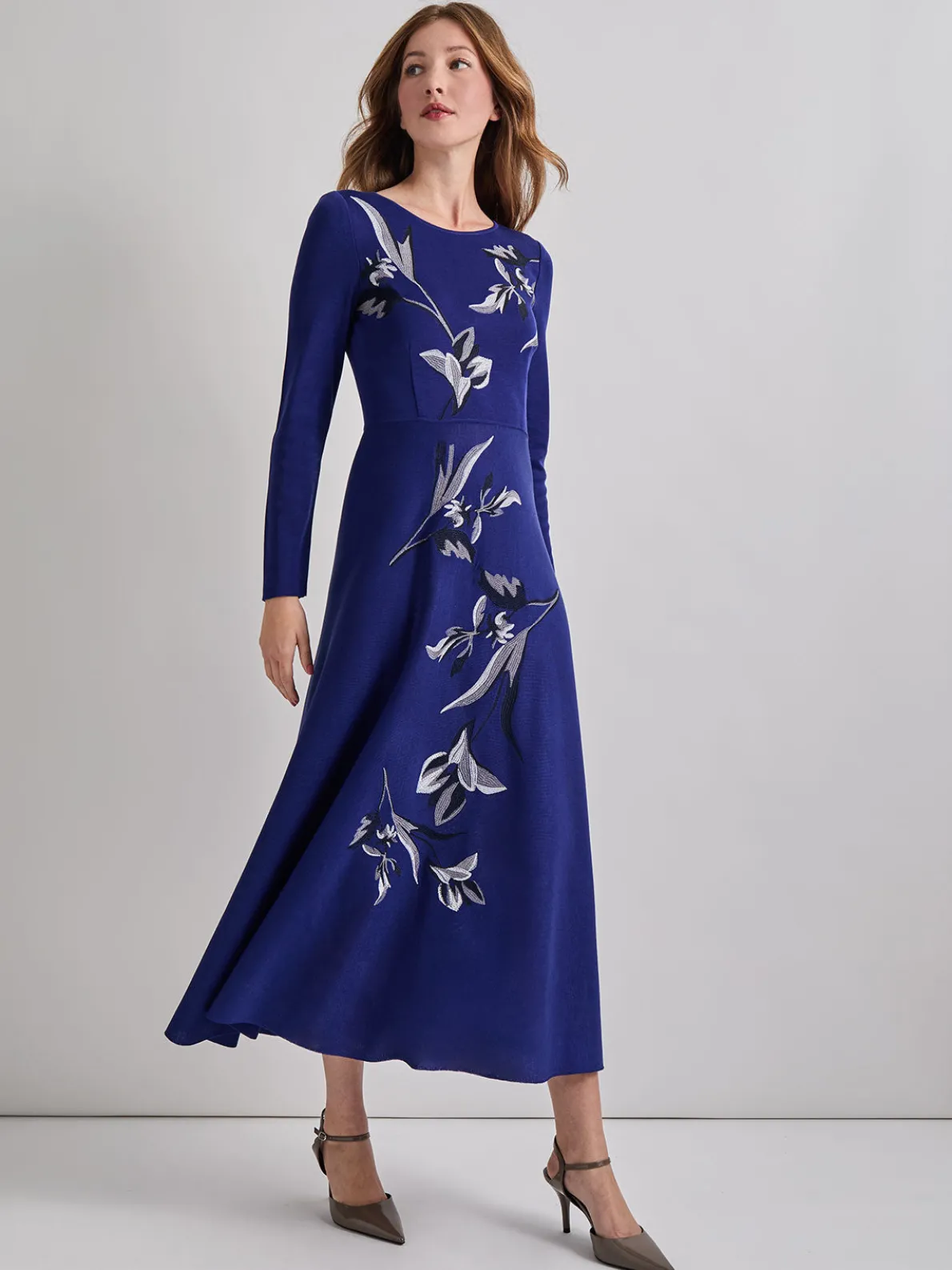 Modern Fit-and-Flare Embroidered Floral Knit Maxi Dress