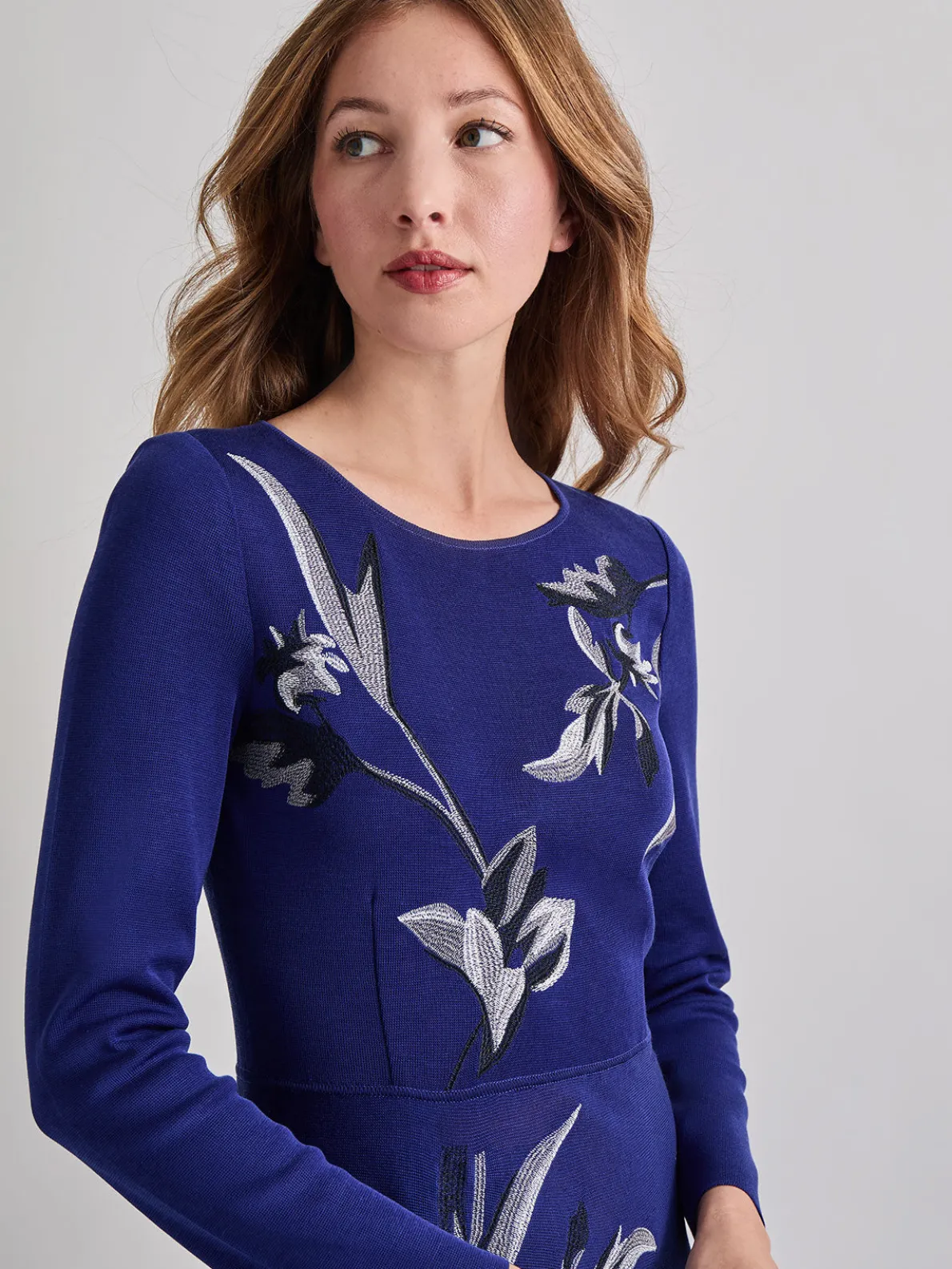 Modern Fit-and-Flare Embroidered Floral Knit Maxi Dress