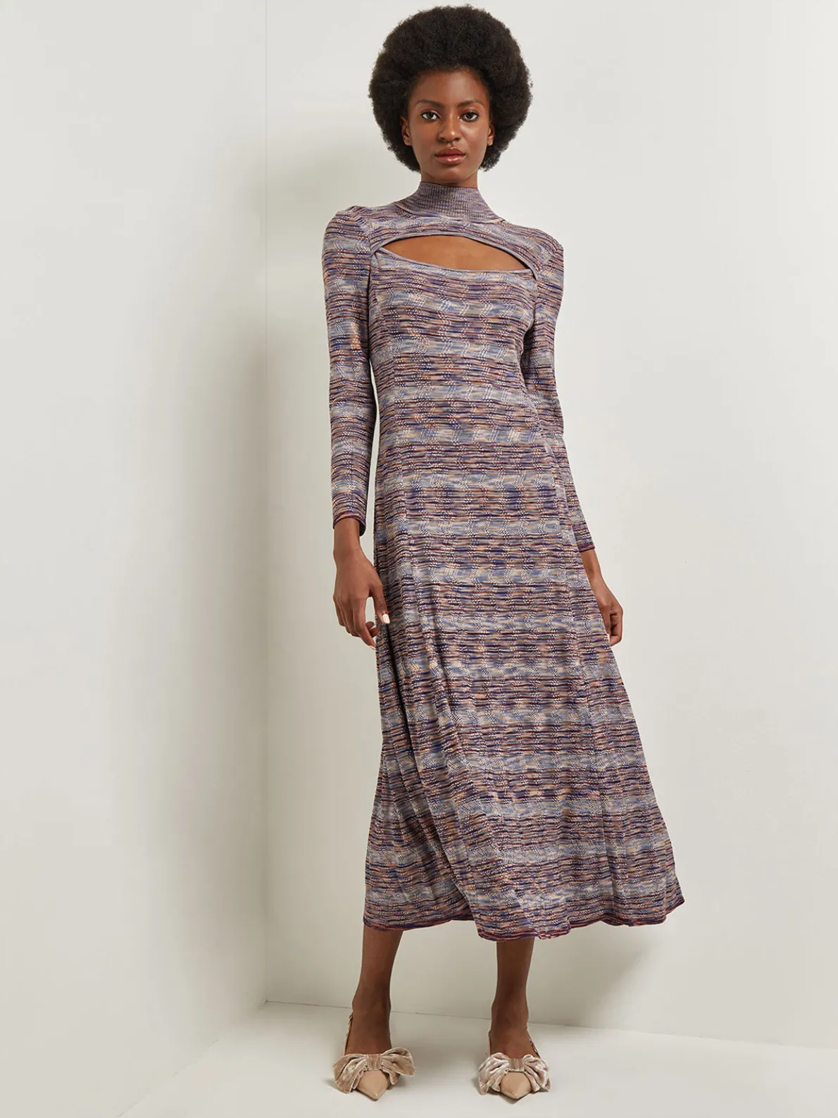 Modern Fit-and-Flare Melange Knit Cutout Maxi Dress
