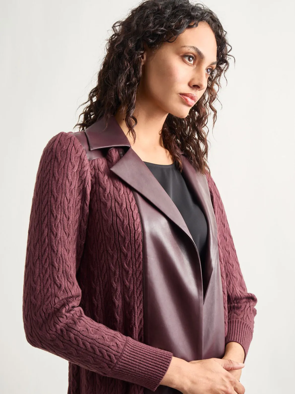 Notched Collar Long Mixed Media Jacket