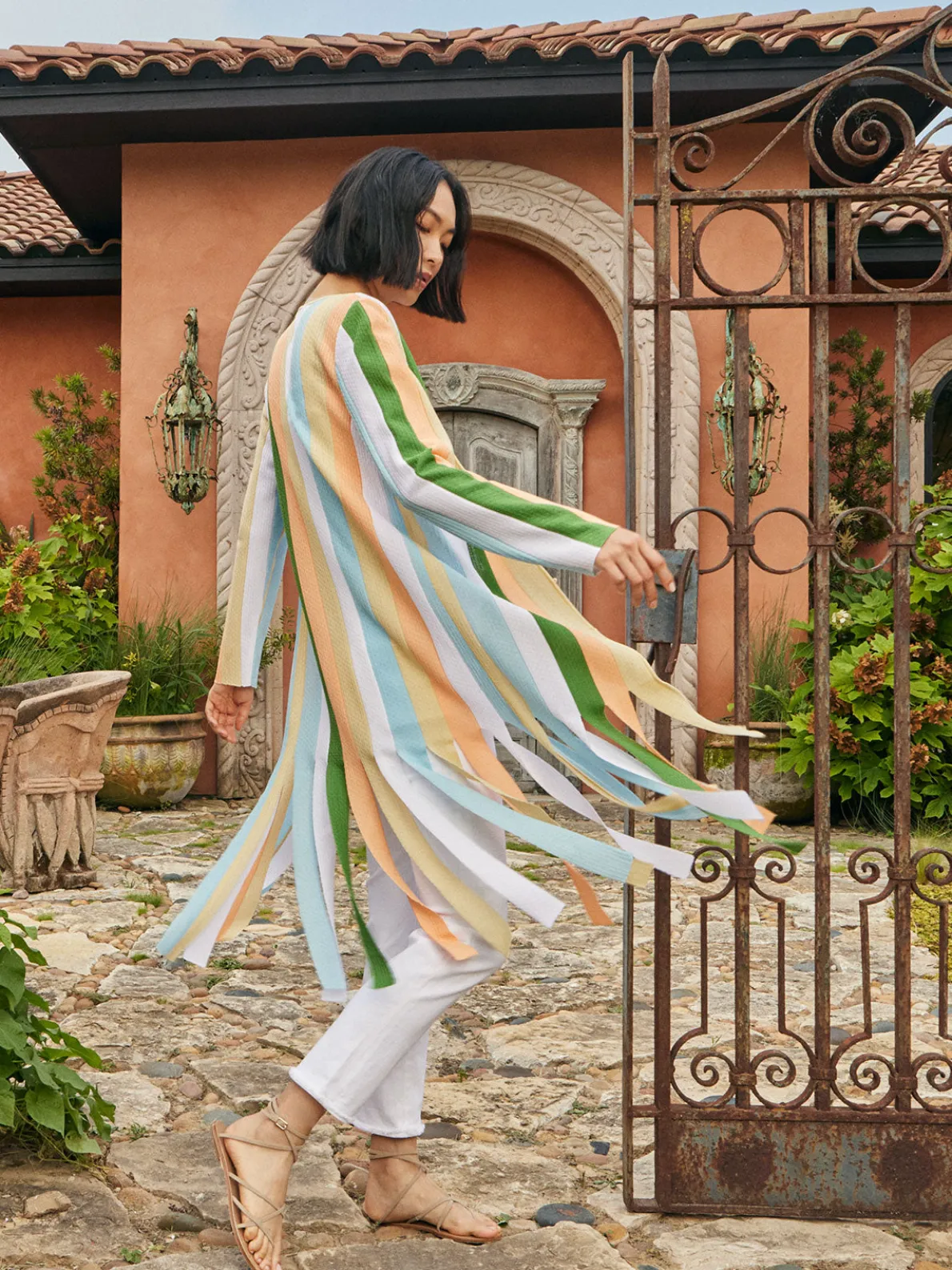 Open Neck Heritage Fit Jacket - Striped Intarsia Knit Fringe Hem