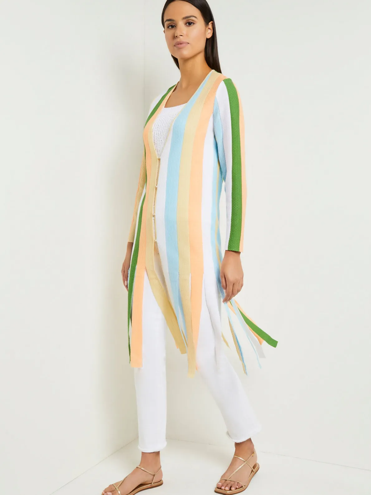 Open Neck Heritage Fit Jacket - Striped Intarsia Knit Fringe Hem