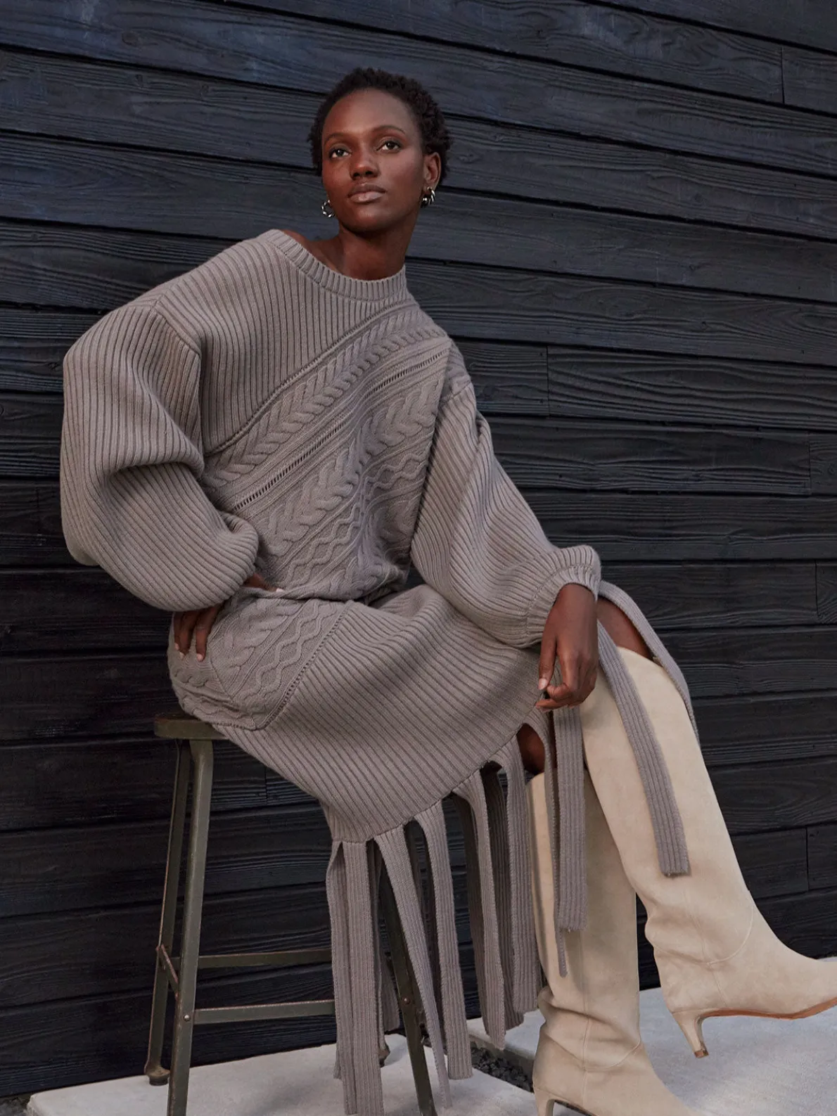 Oversized Cable Knit Wool Blended Sheath Maxi Dress